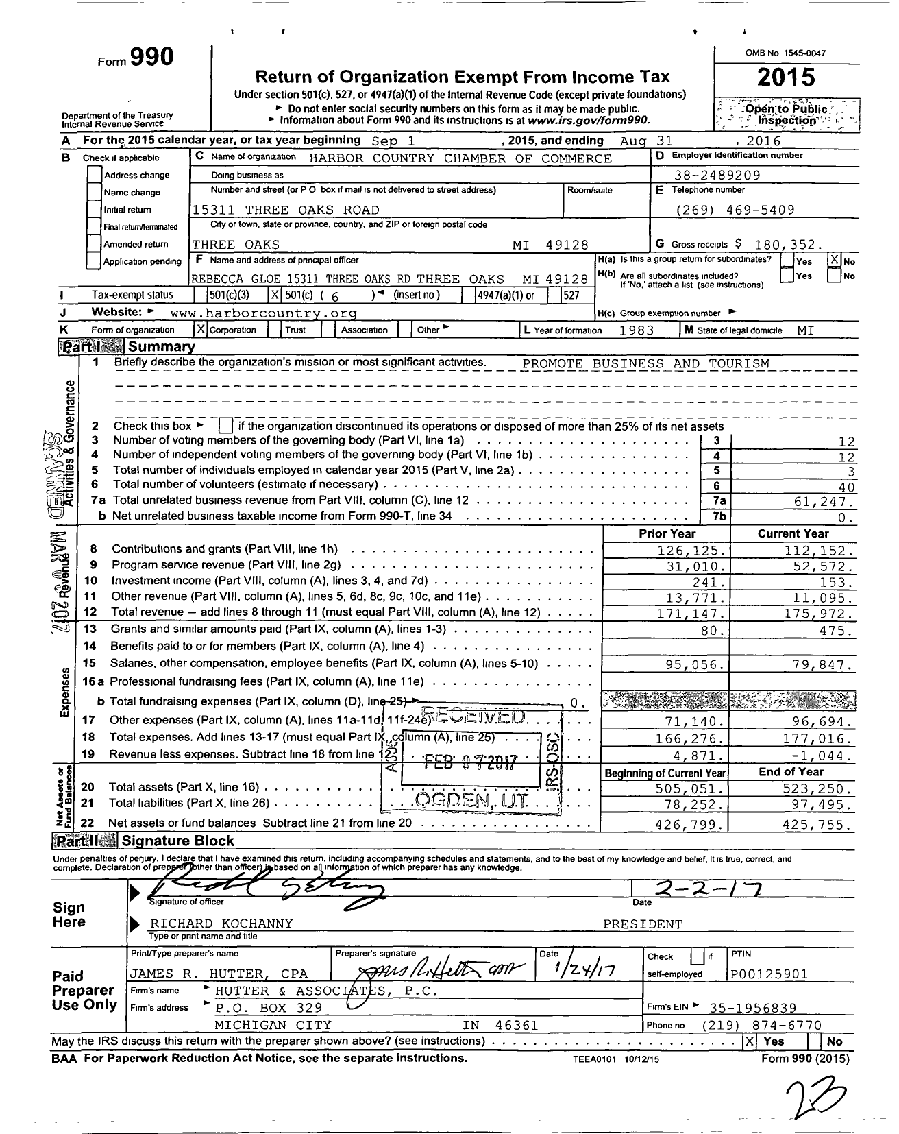Image of first page of 2015 Form 990O for Harbor Country Chamber of Commerce