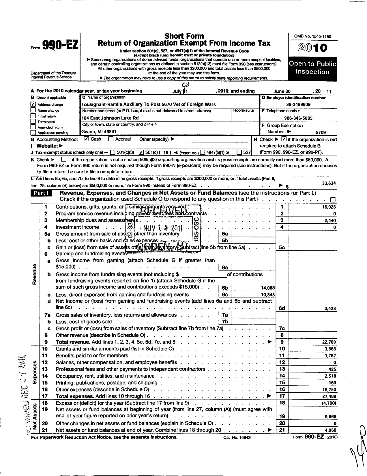 Image of first page of 2010 Form 990EO for Veterans of Foreign Wars of the Us Dept of Michigan Auxiliary - Tousignant Ramile Auxiliary 5670