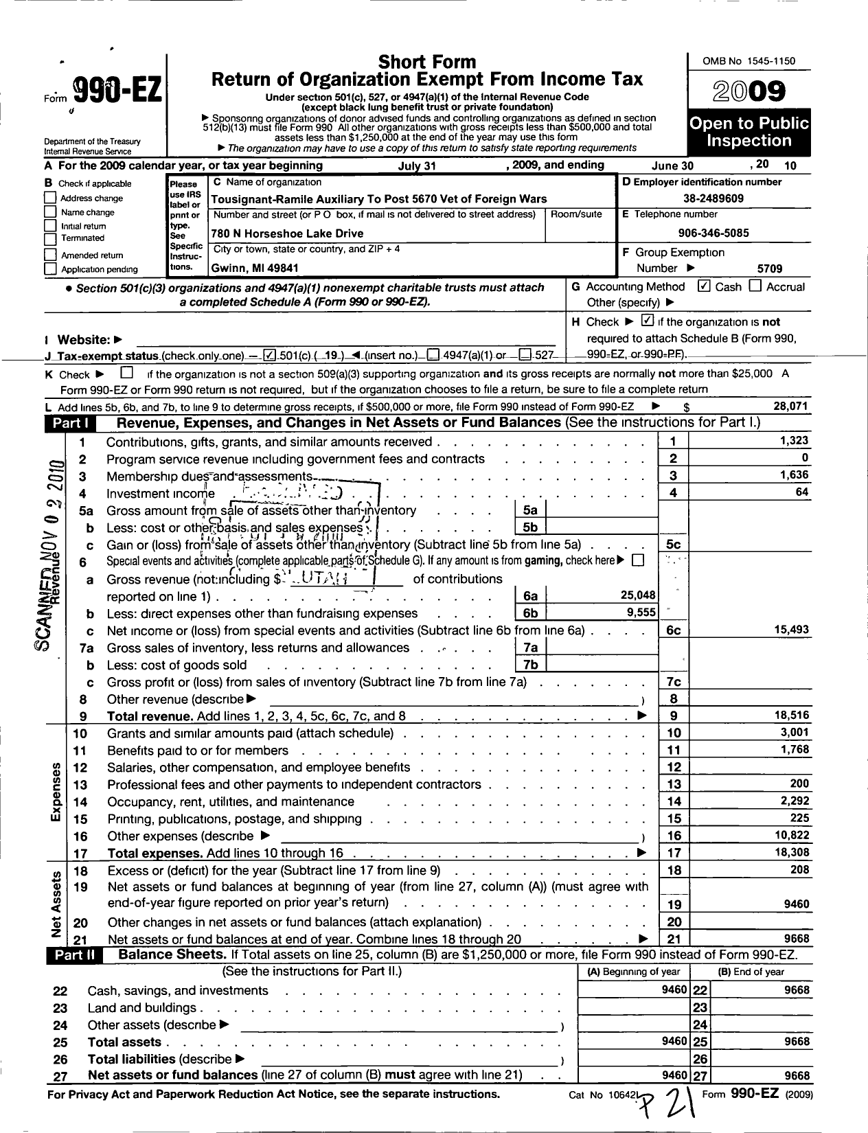 Image of first page of 2009 Form 990EO for Veterans of Foreign Wars of the Us Dept of Michigan Auxiliary - Tousignant Ramile Auxiliary 5670