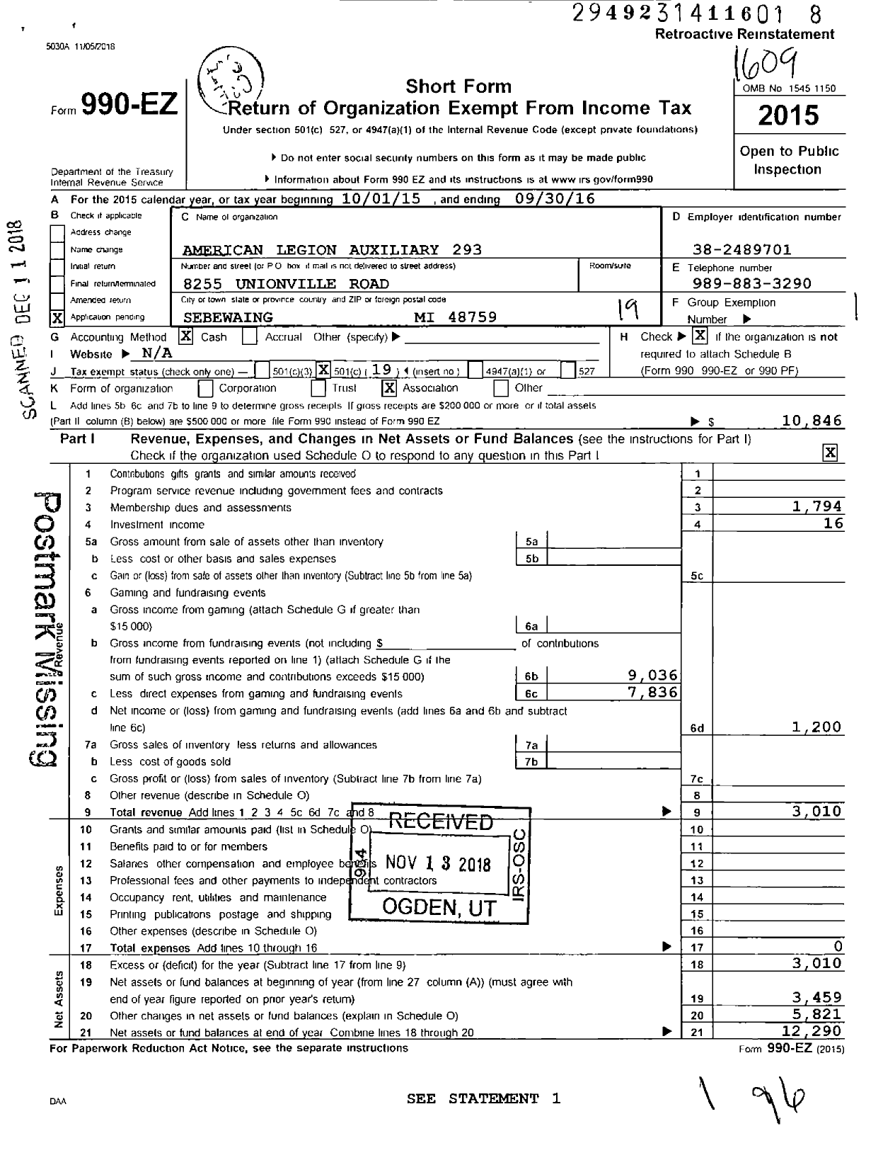 Image of first page of 2015 Form 990EO for American Legion Auxiliary Unit of Stamnitz Lindeman Post 293