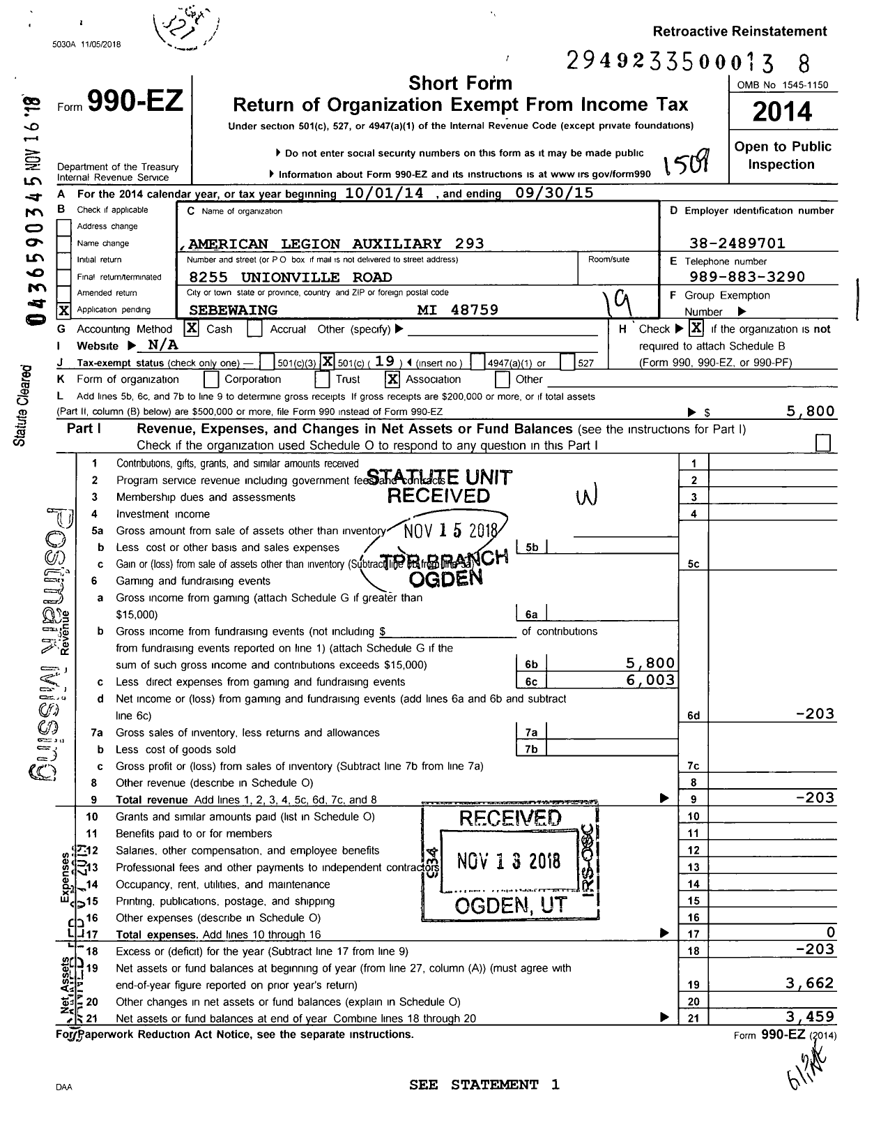 Image of first page of 2014 Form 990EO for American Legion Auxiliary Unit of Stamnitz Lindeman Post 293