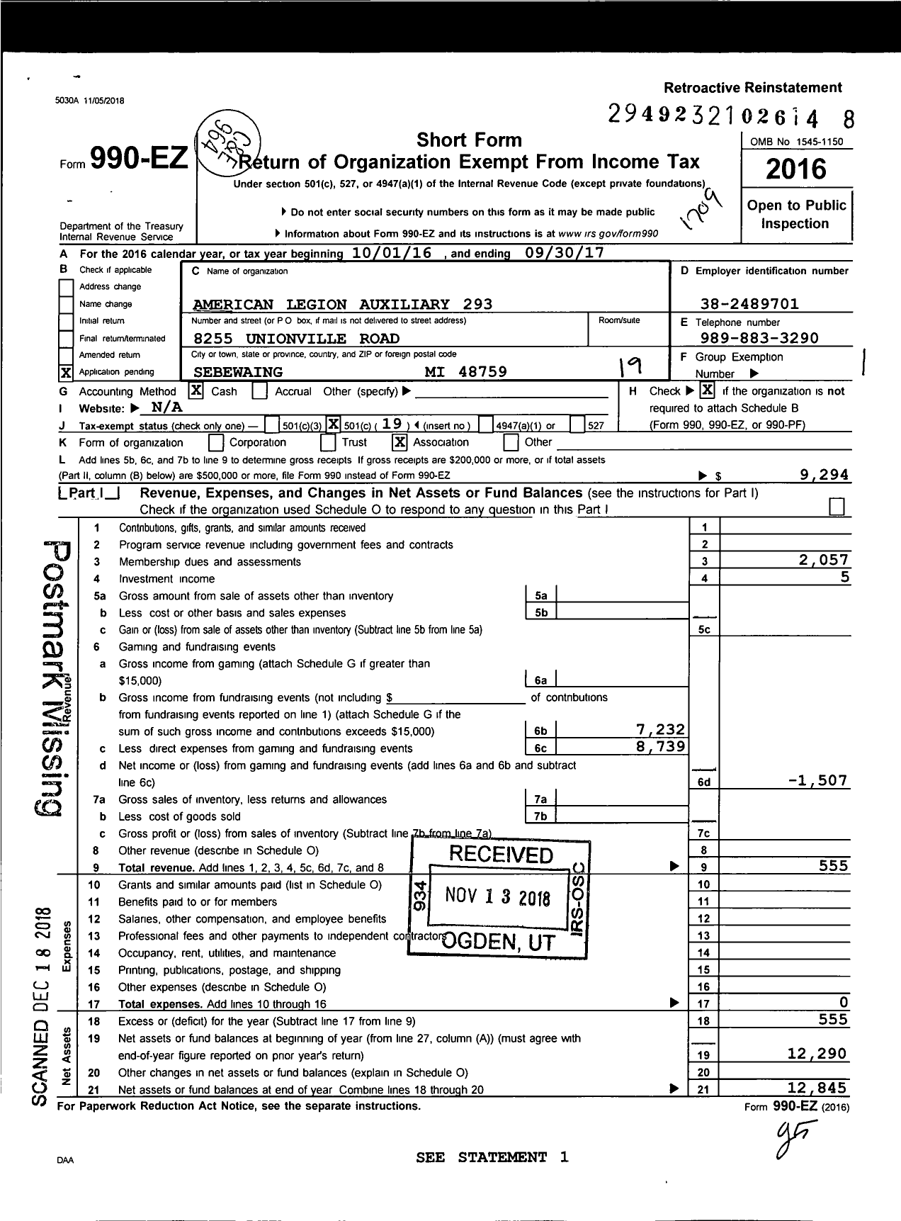 Image of first page of 2016 Form 990EO for American Legion Auxiliary Unit of Stamnitz Lindeman Post 293