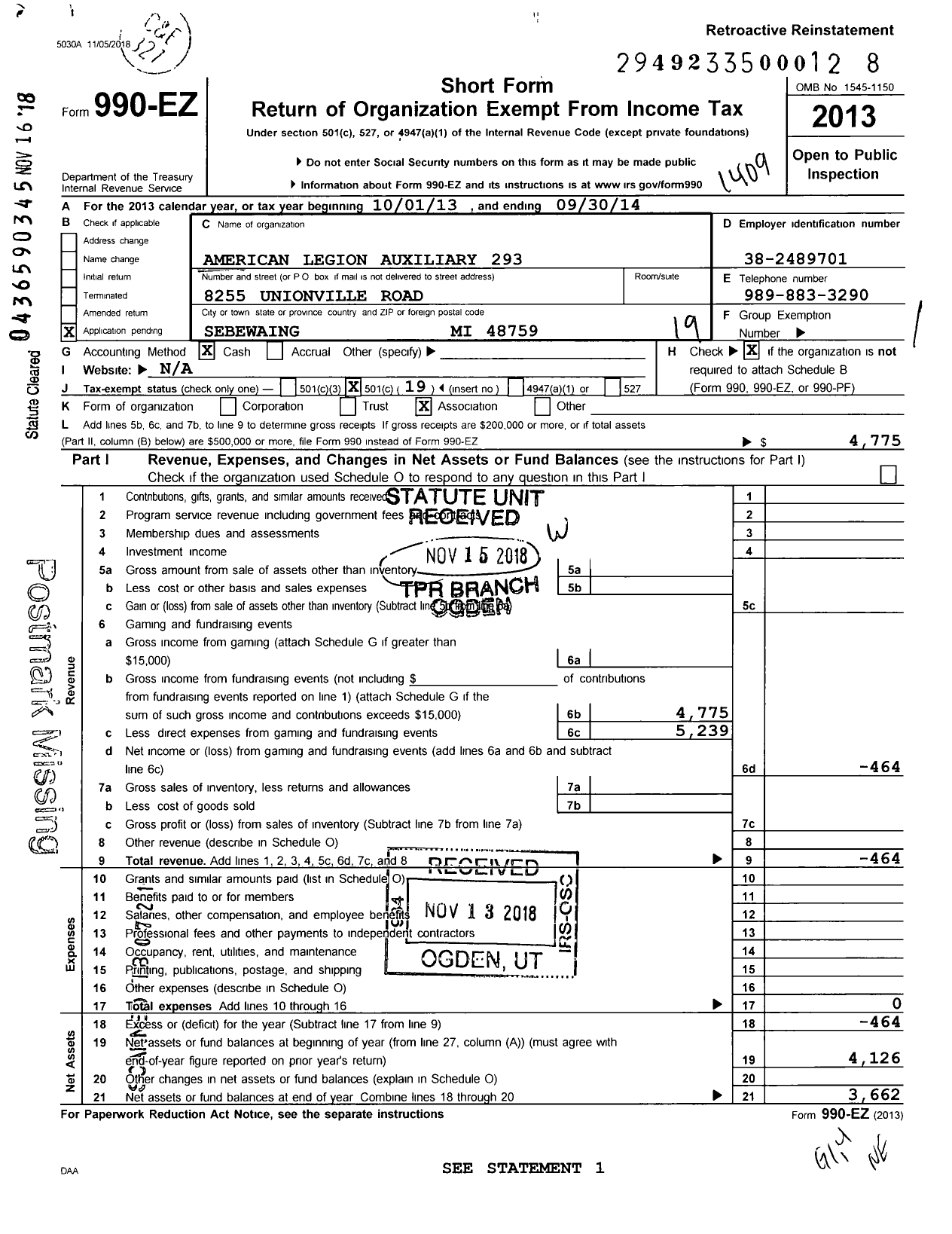 Image of first page of 2013 Form 990EO for American Legion Auxiliary Unit of Stamnitz Lindeman Post 293