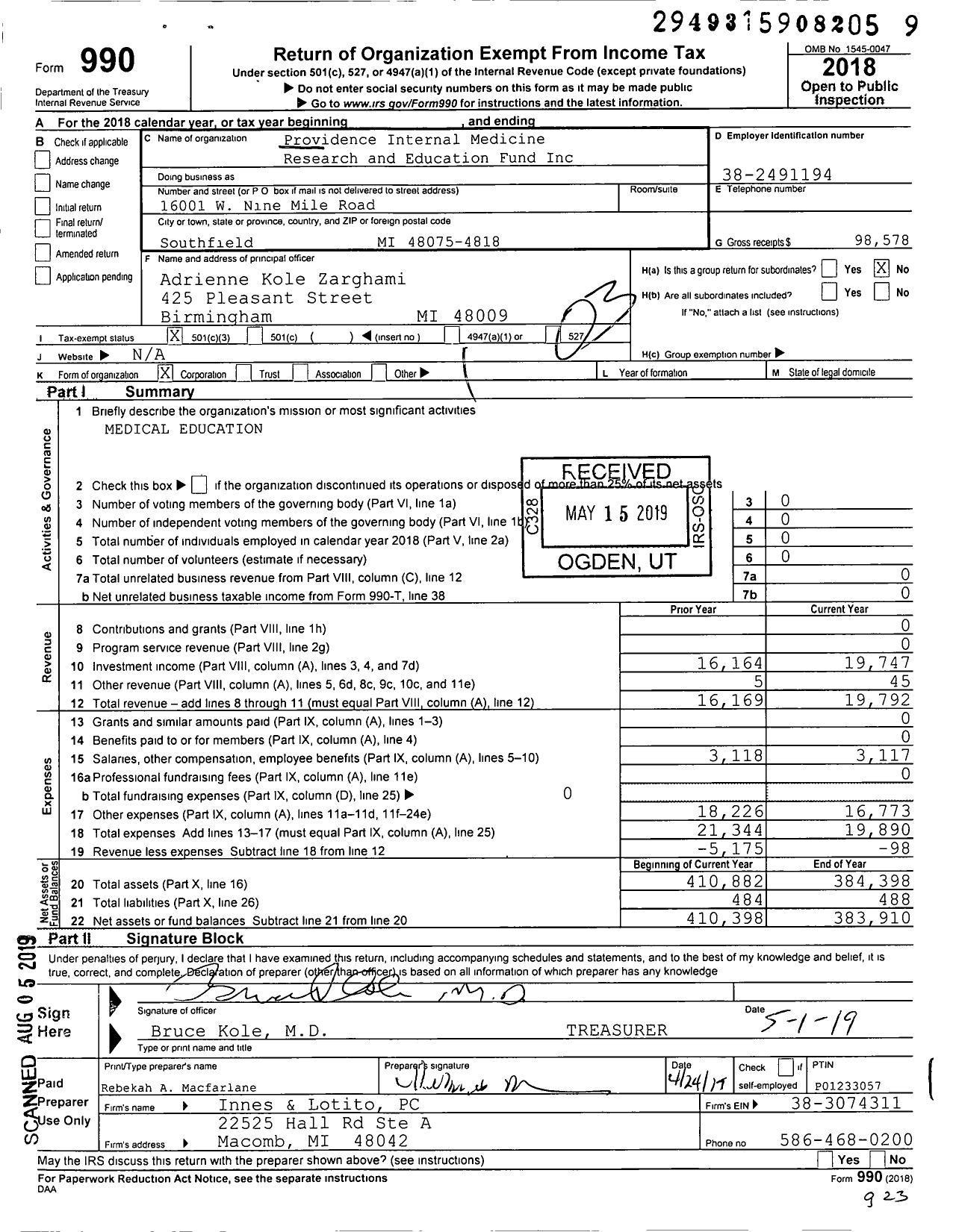 Image of first page of 2018 Form 990 for Providence Internal Medicine Research and Education Fund