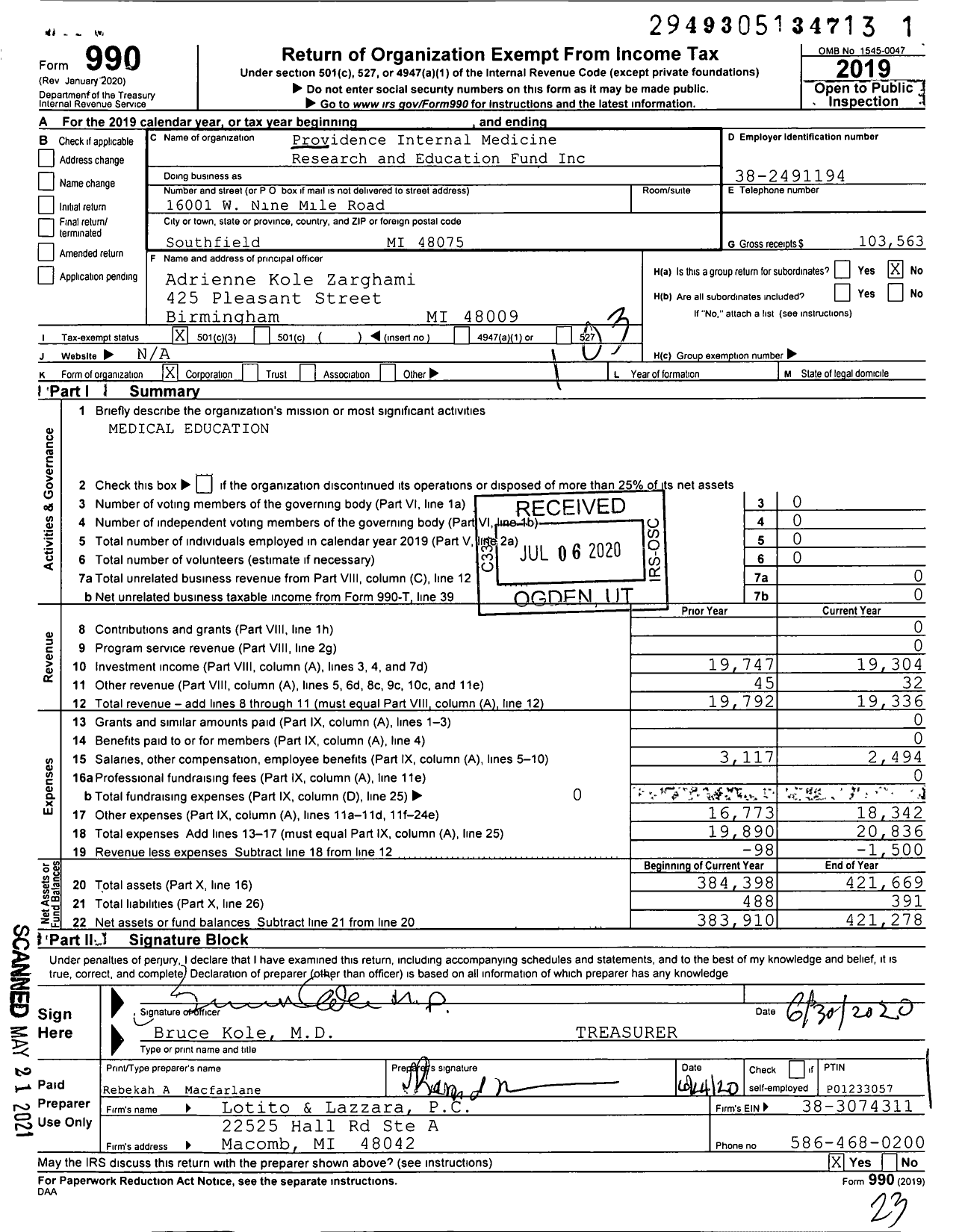 Image of first page of 2019 Form 990 for Providence Internal Medicine Research and Education Fund