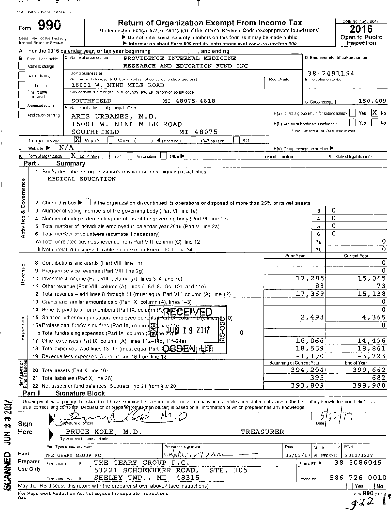 Image of first page of 2016 Form 990 for Providence Internal Medicine Research and Education Fund