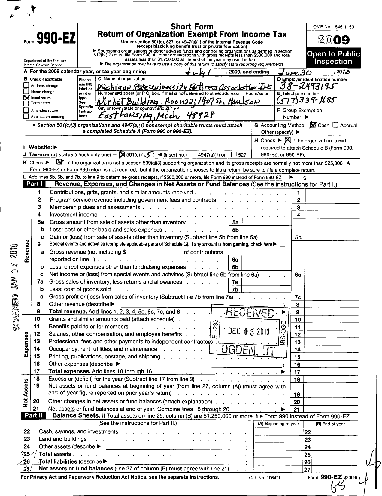Image of first page of 2009 Form 990EO for Michigan State University Retirees Association