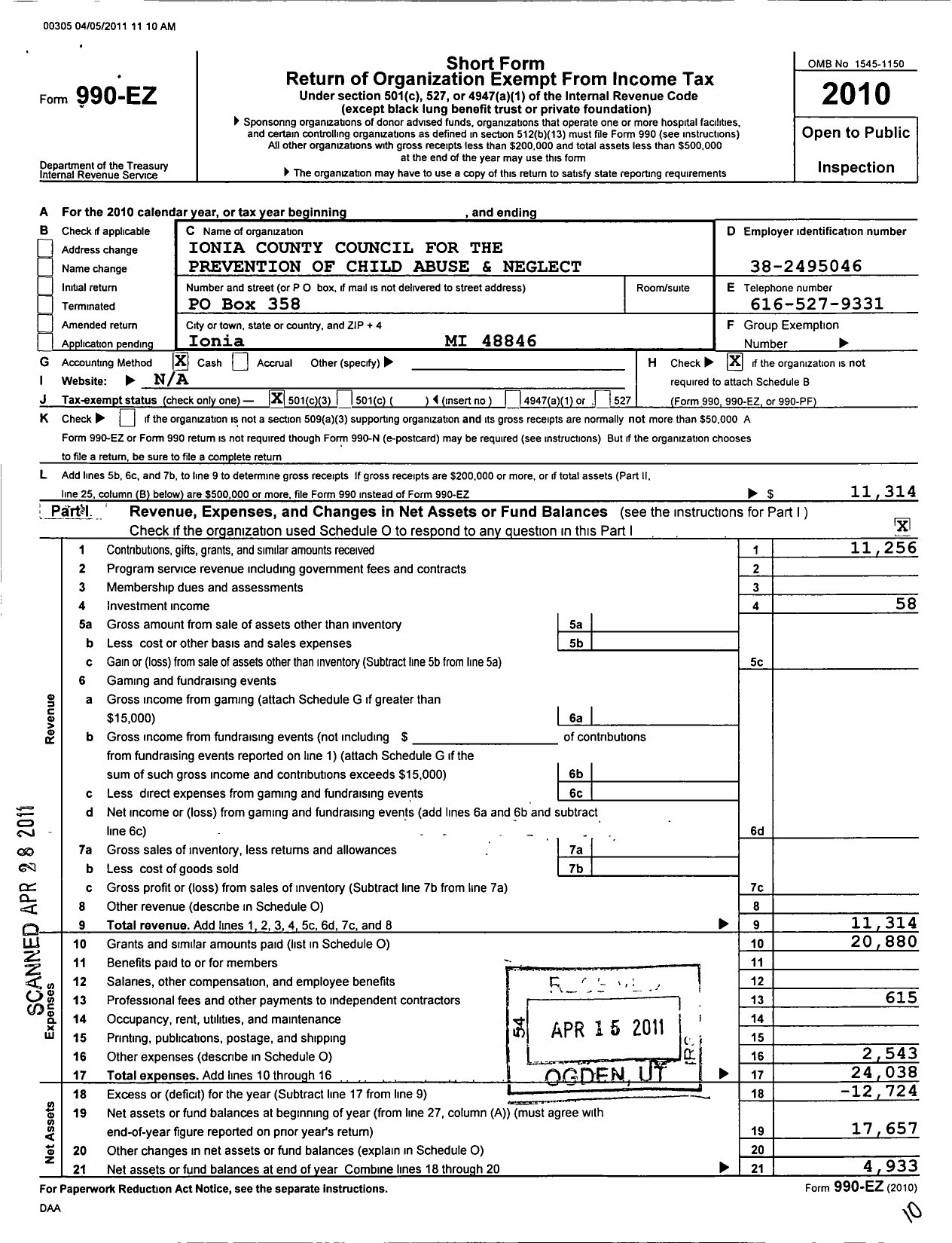 Image of first page of 2010 Form 990EZ for Ionia County Council for the Prevention of Child Abuse and Neglect