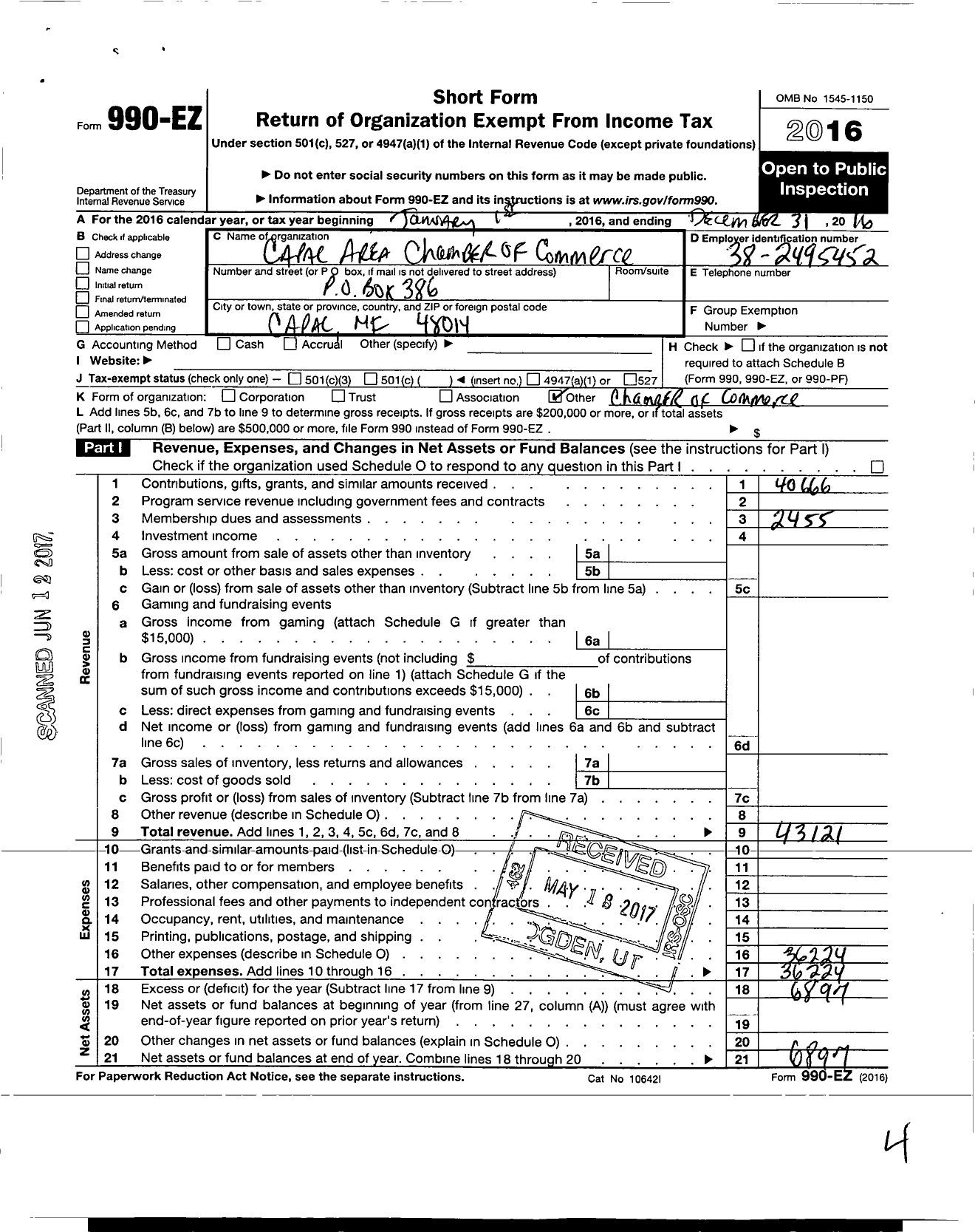 Image of first page of 2016 Form 990EO for Capac Area Chamber of Commerce