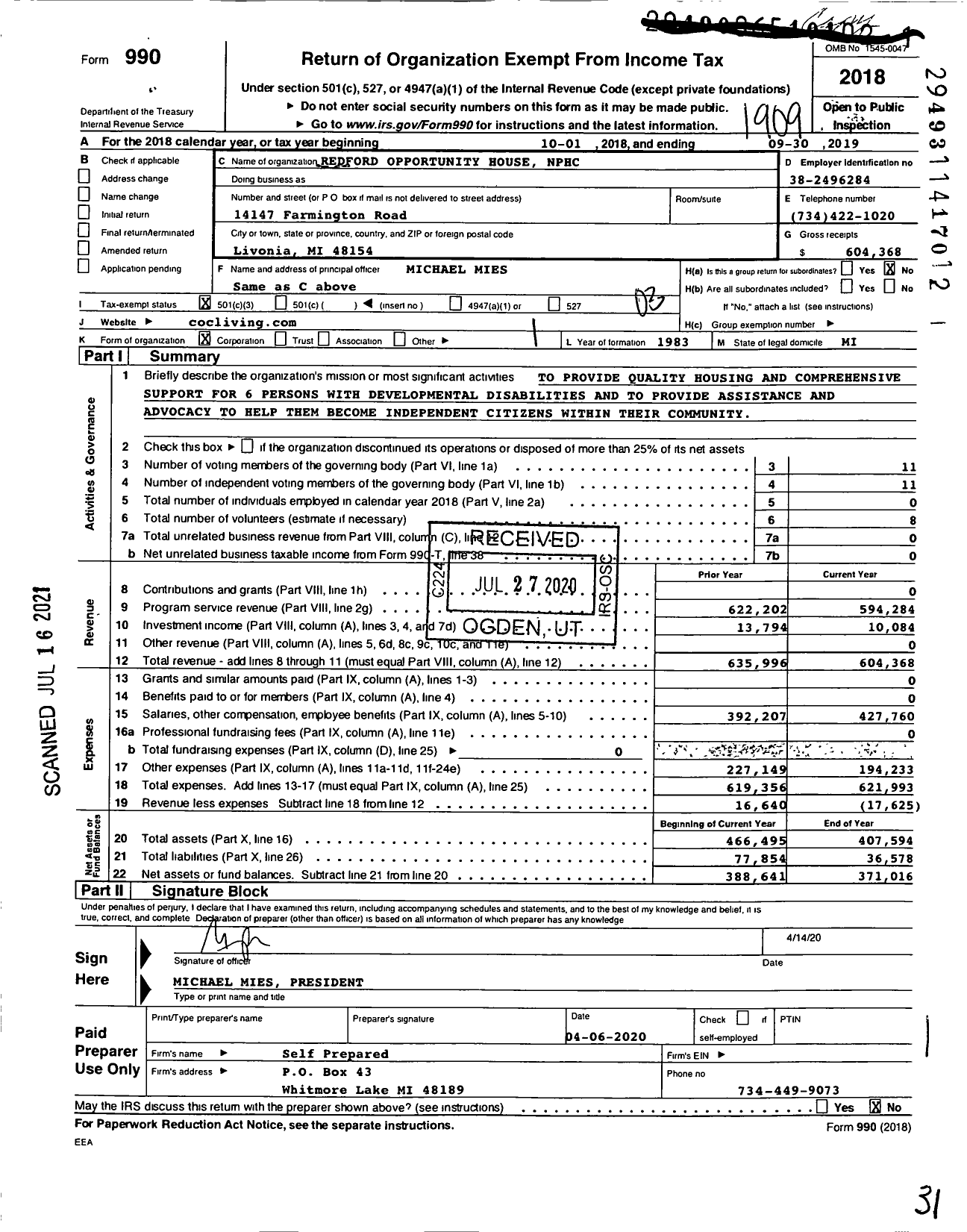 Image of first page of 2018 Form 990 for Redford Opportunity House NPHC