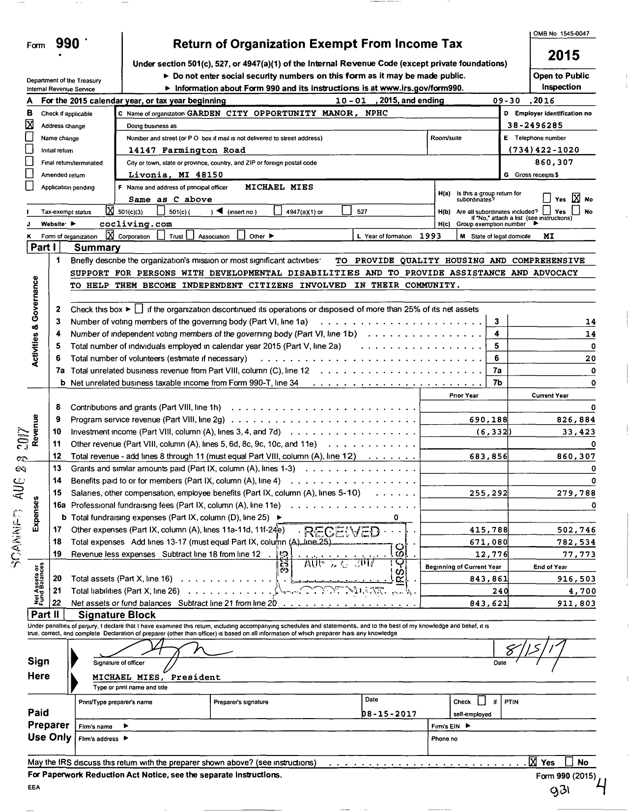 Image of first page of 2015 Form 990 for Garden City Opportunity Manor NPCH