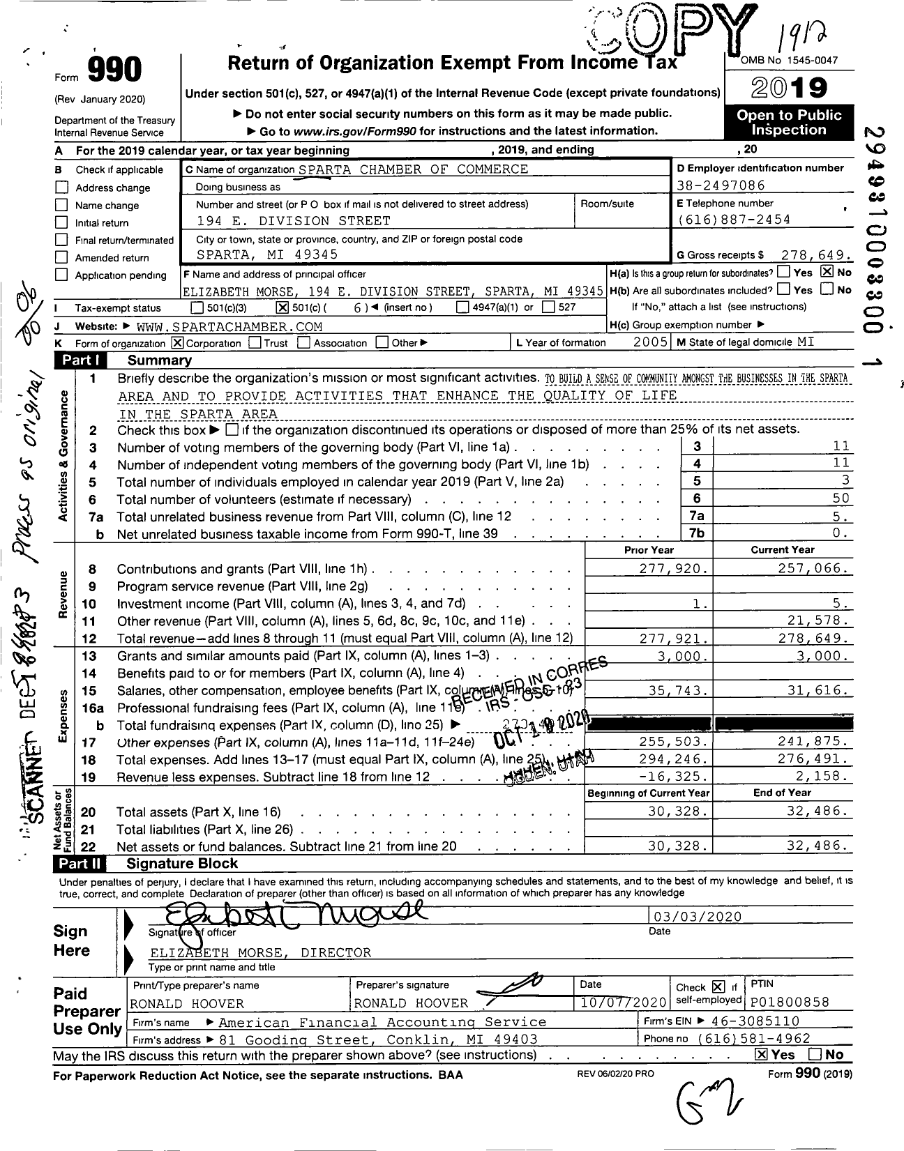 Image of first page of 2019 Form 990O for Sparta Chamber of Commerce