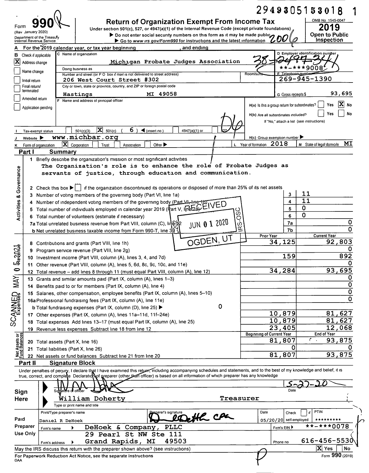 Image of first page of 2019 Form 990O for Michigan Association of Retired School Personnel / Barry