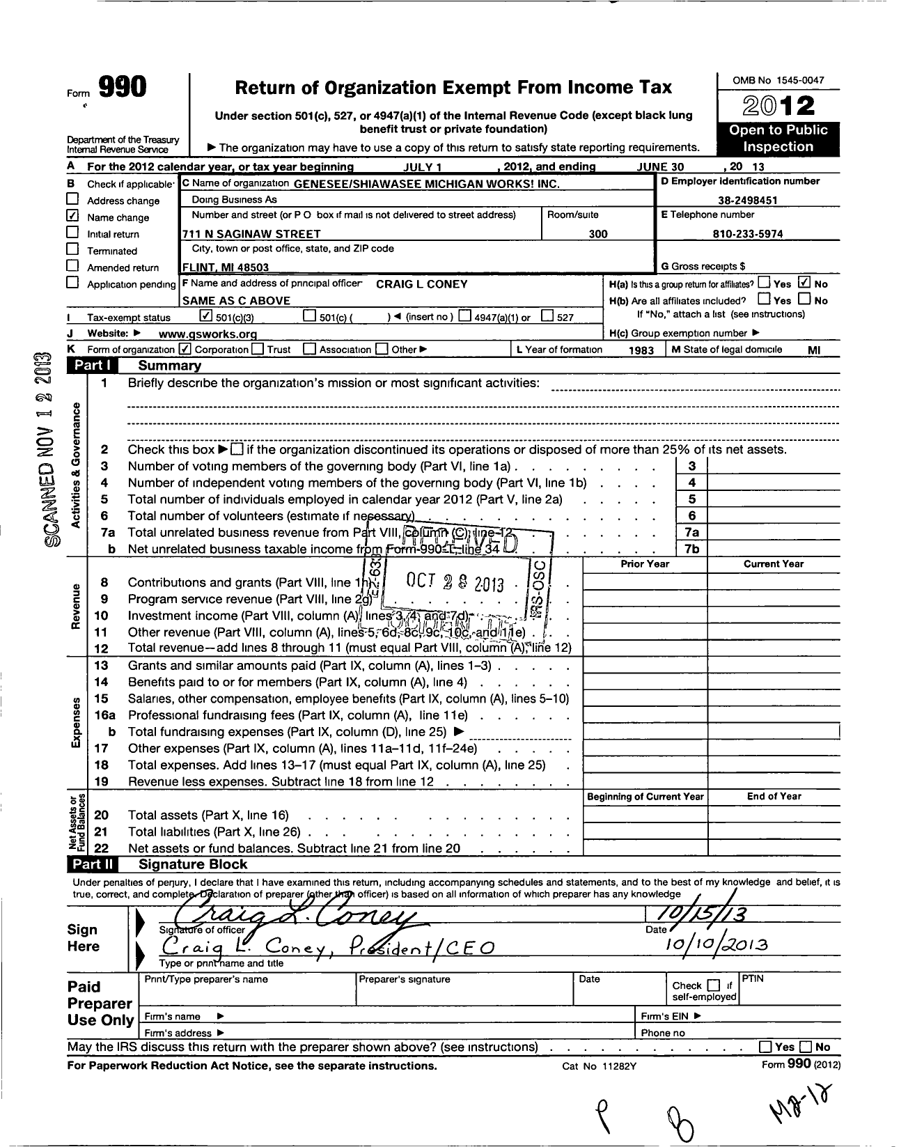 Image of first page of 2012 Form 990 for Genesee-Shiawassee Michigan Works