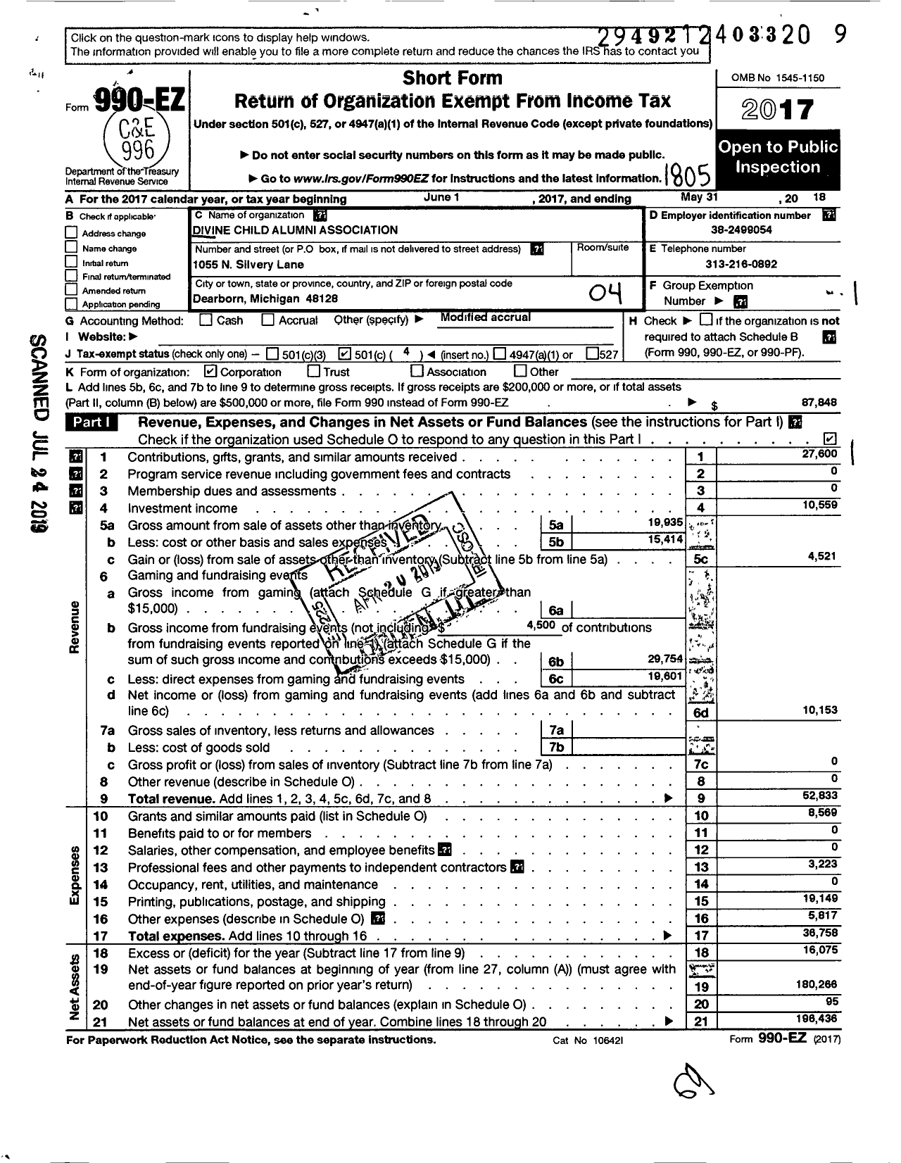 Image of first page of 2017 Form 990EO for Divine Child Alumni Association