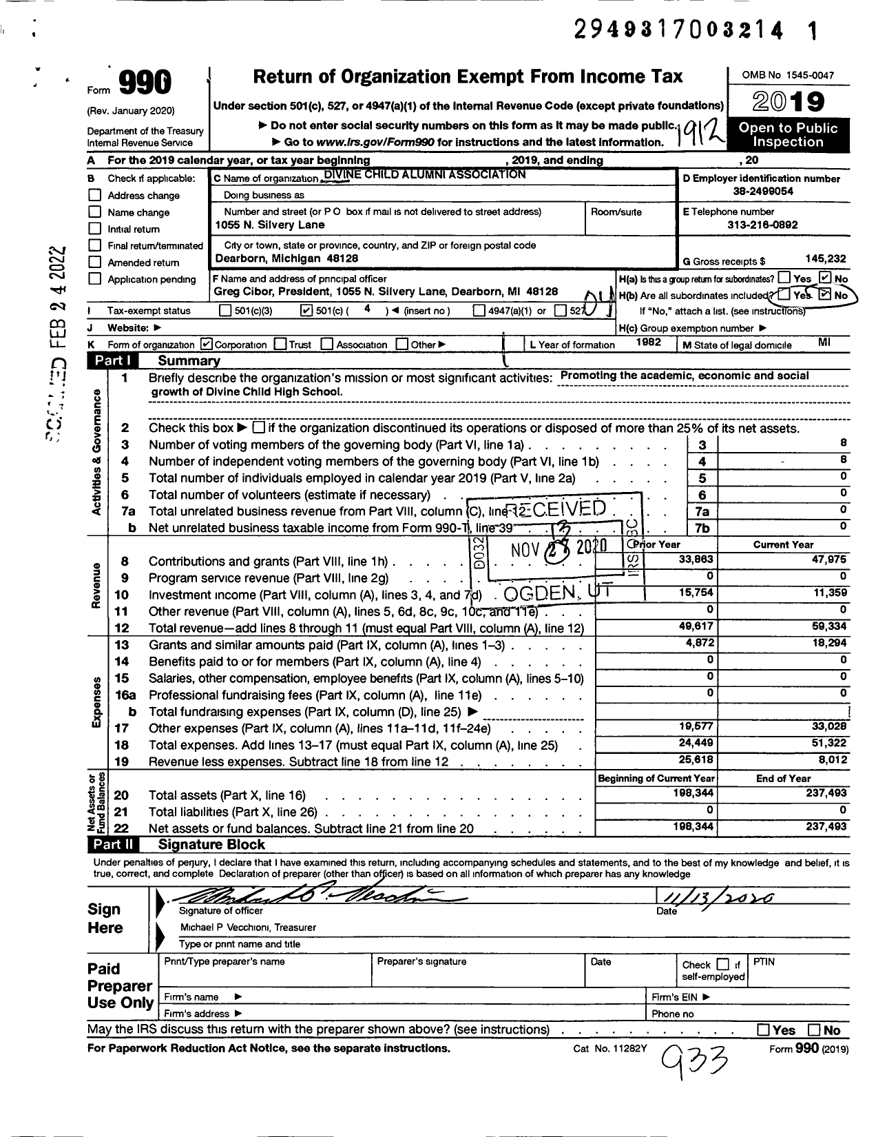 Image of first page of 2019 Form 990O for Divine Child Alumni Association