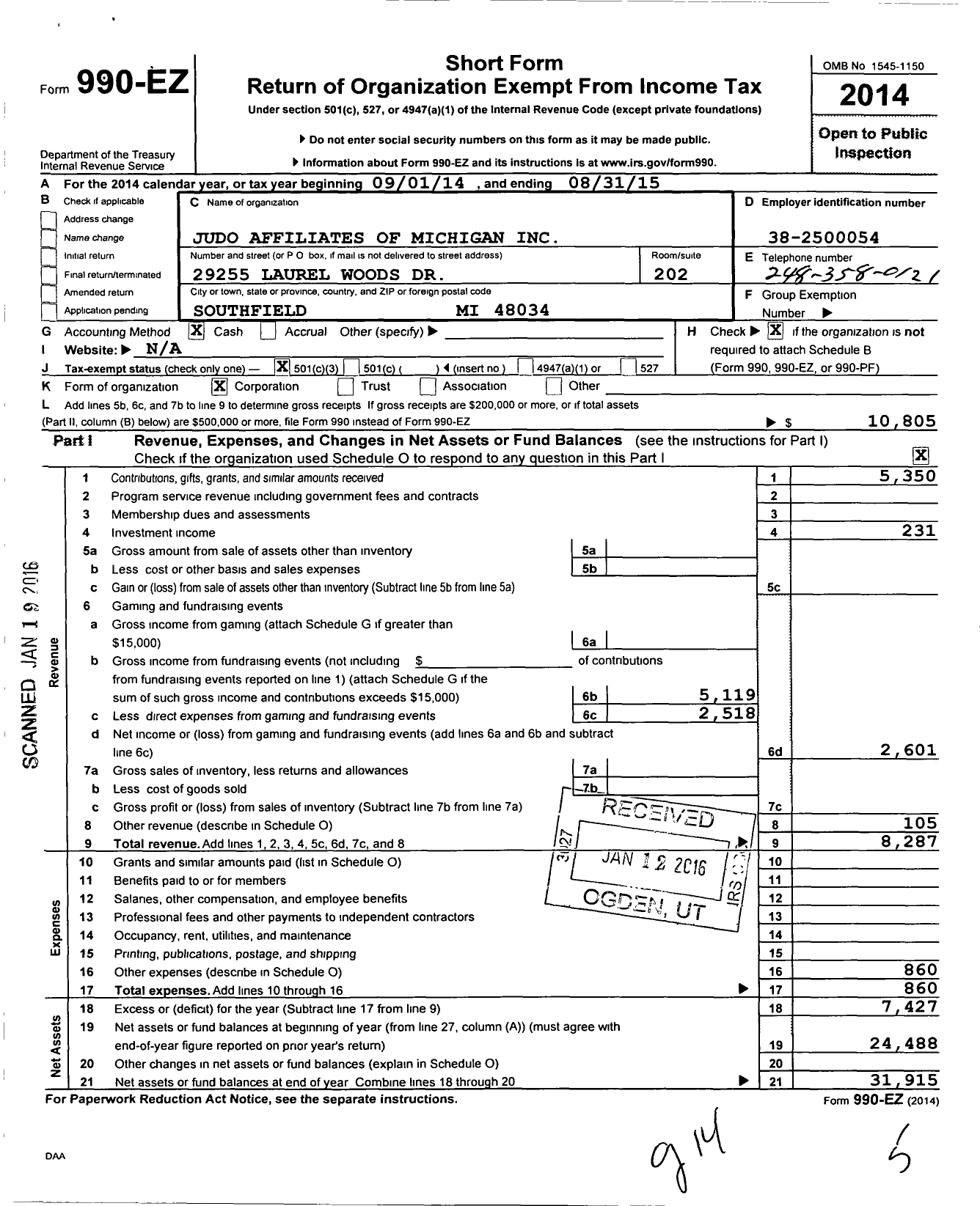 Image of first page of 2014 Form 990EZ for Judo Affiliates of Michigan