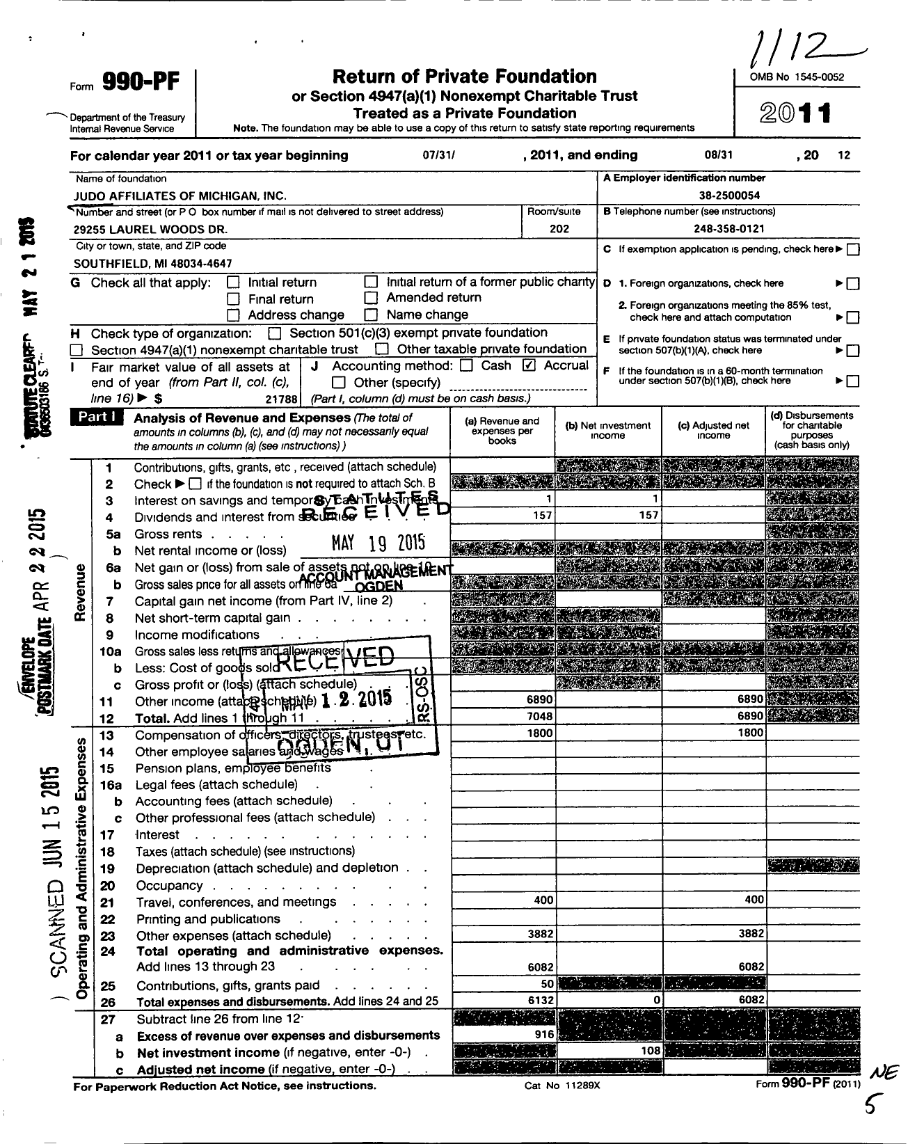 Image of first page of 2011 Form 990PF for Judo Affiliates of Michigan