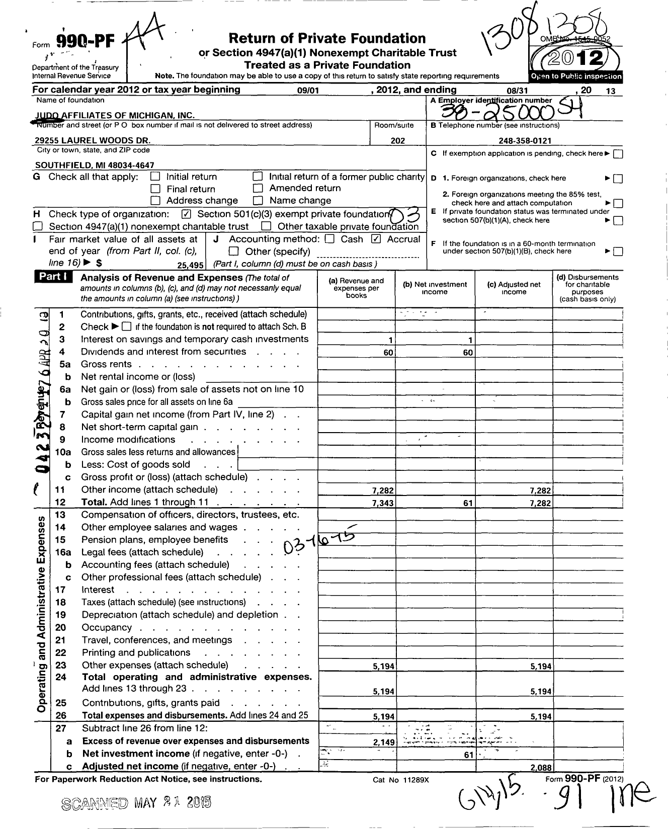 Image of first page of 2012 Form 990PF for Judo Affiliates of Michigan