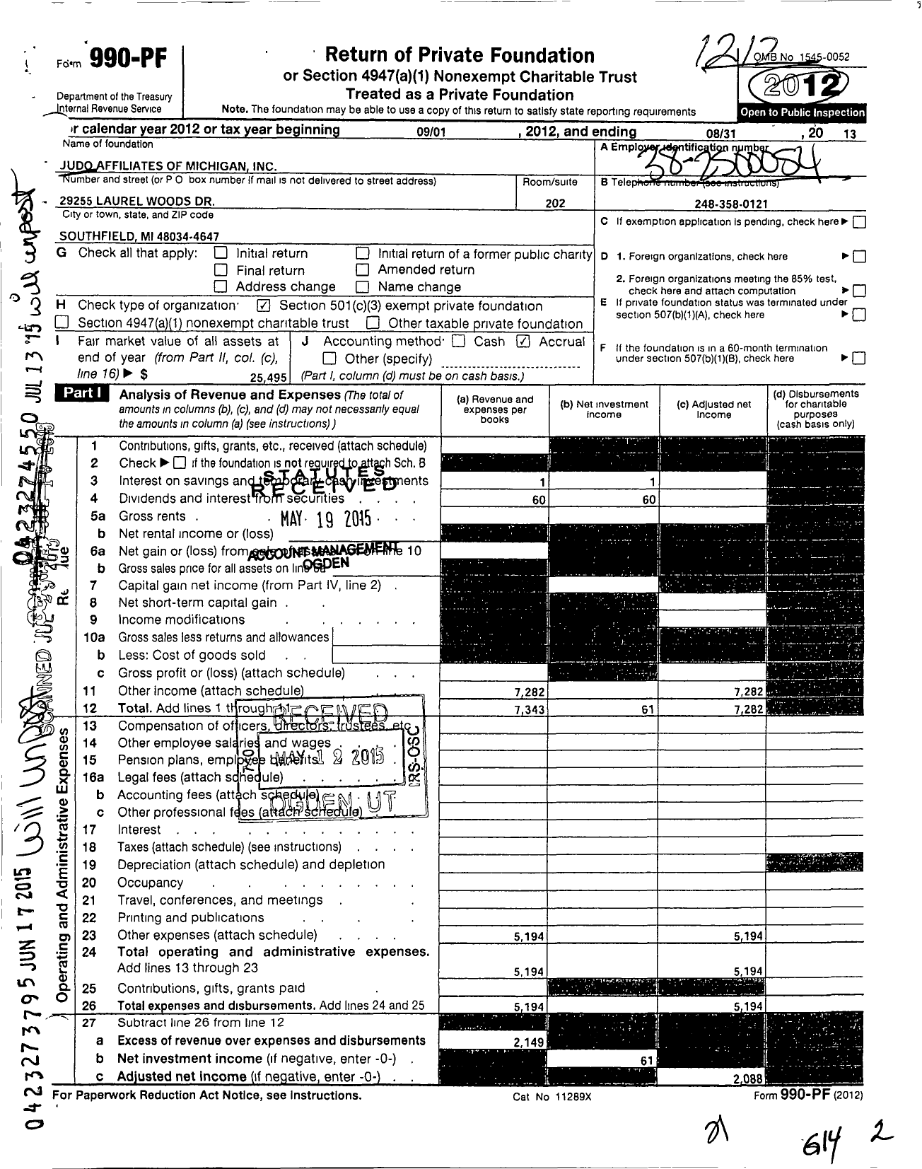 Image of first page of 2012 Form 990PF for Judo Affiliates of Michigan