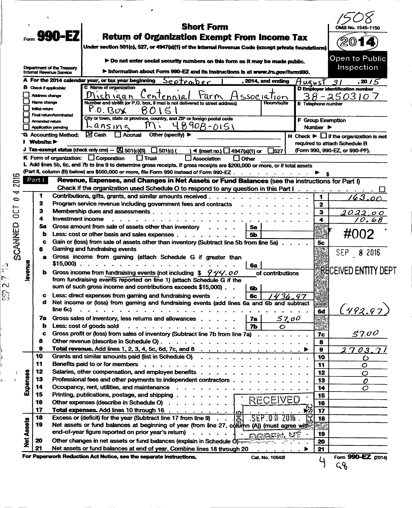 Image of first page of 2014 Form 990EZ for Michigan Centennial Farm Association