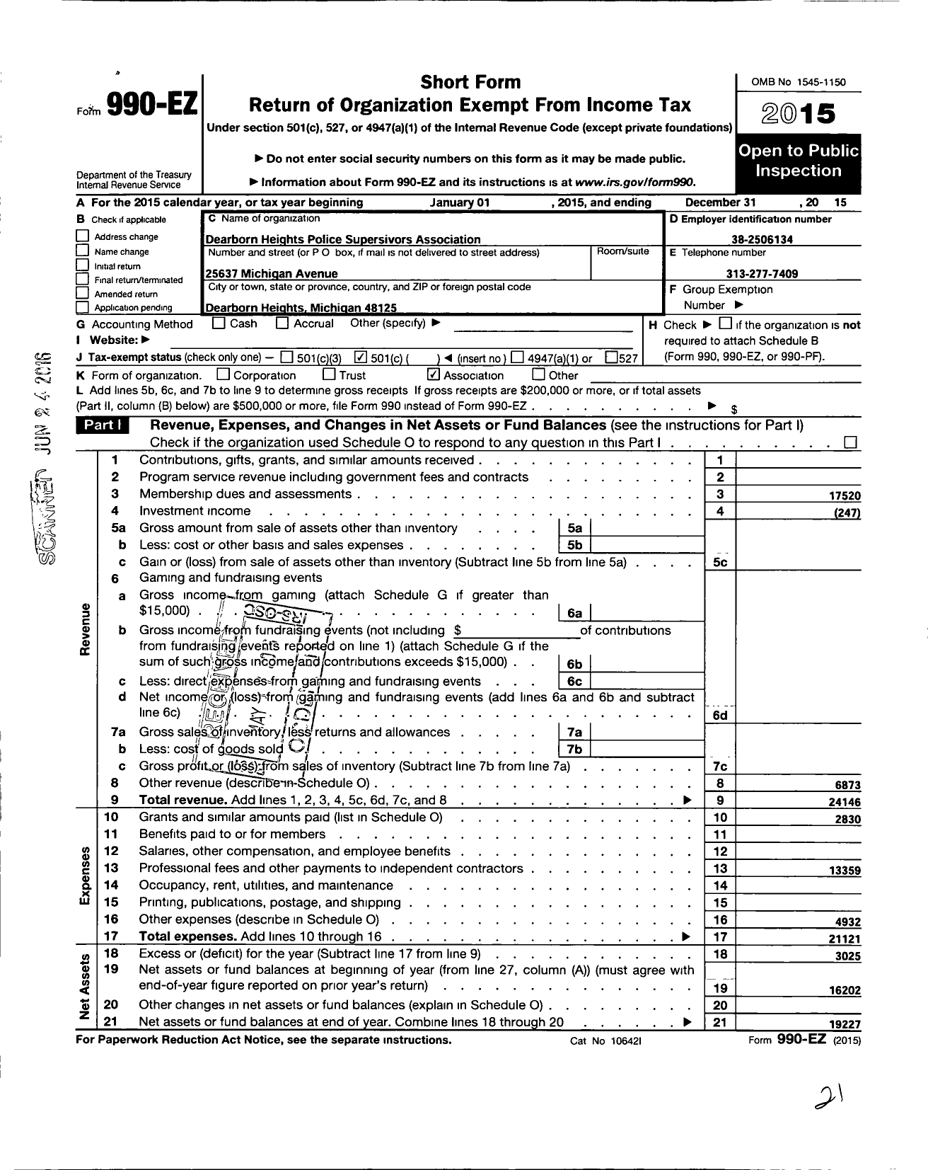 Image of first page of 2015 Form 990EO for Dearborn Heights Police Supervisor Association