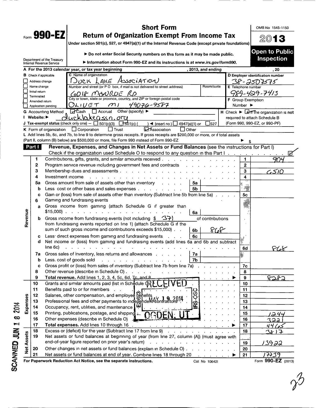 Image of first page of 2013 Form 990EO for Duck Lake Association