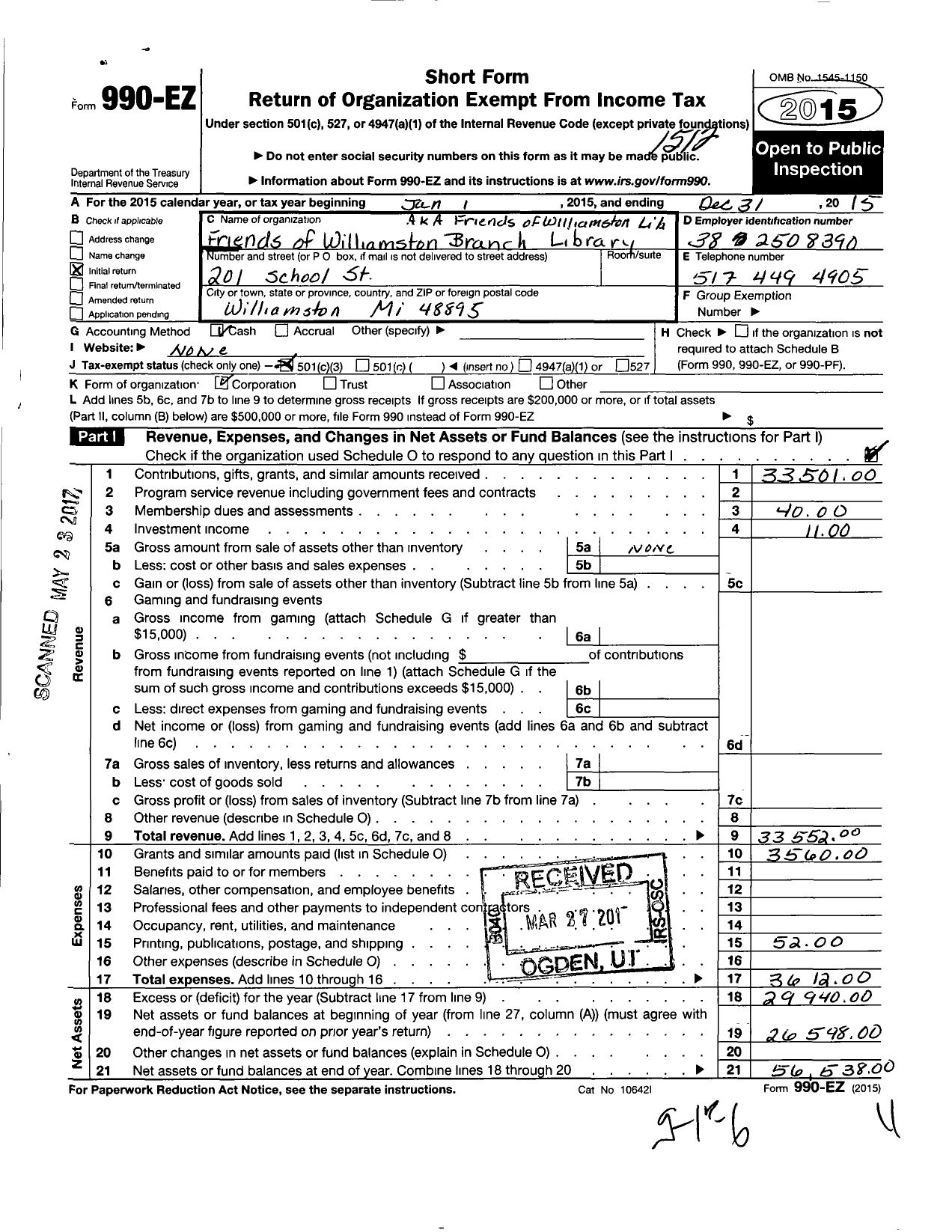 Image of first page of 2015 Form 990EZ for Friends of the Williamston Branch Ingham County Library