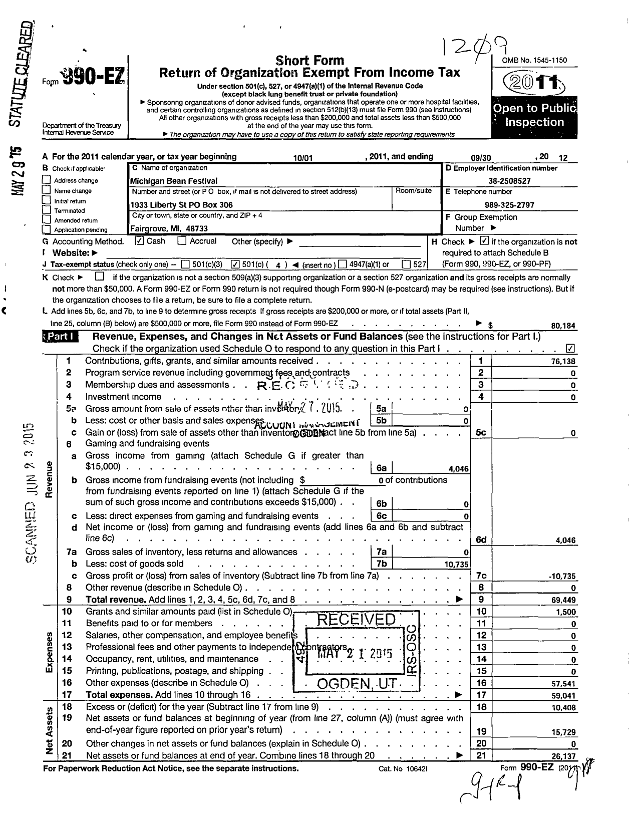 Image of first page of 2011 Form 990EO for Michigan Bean Festival Association