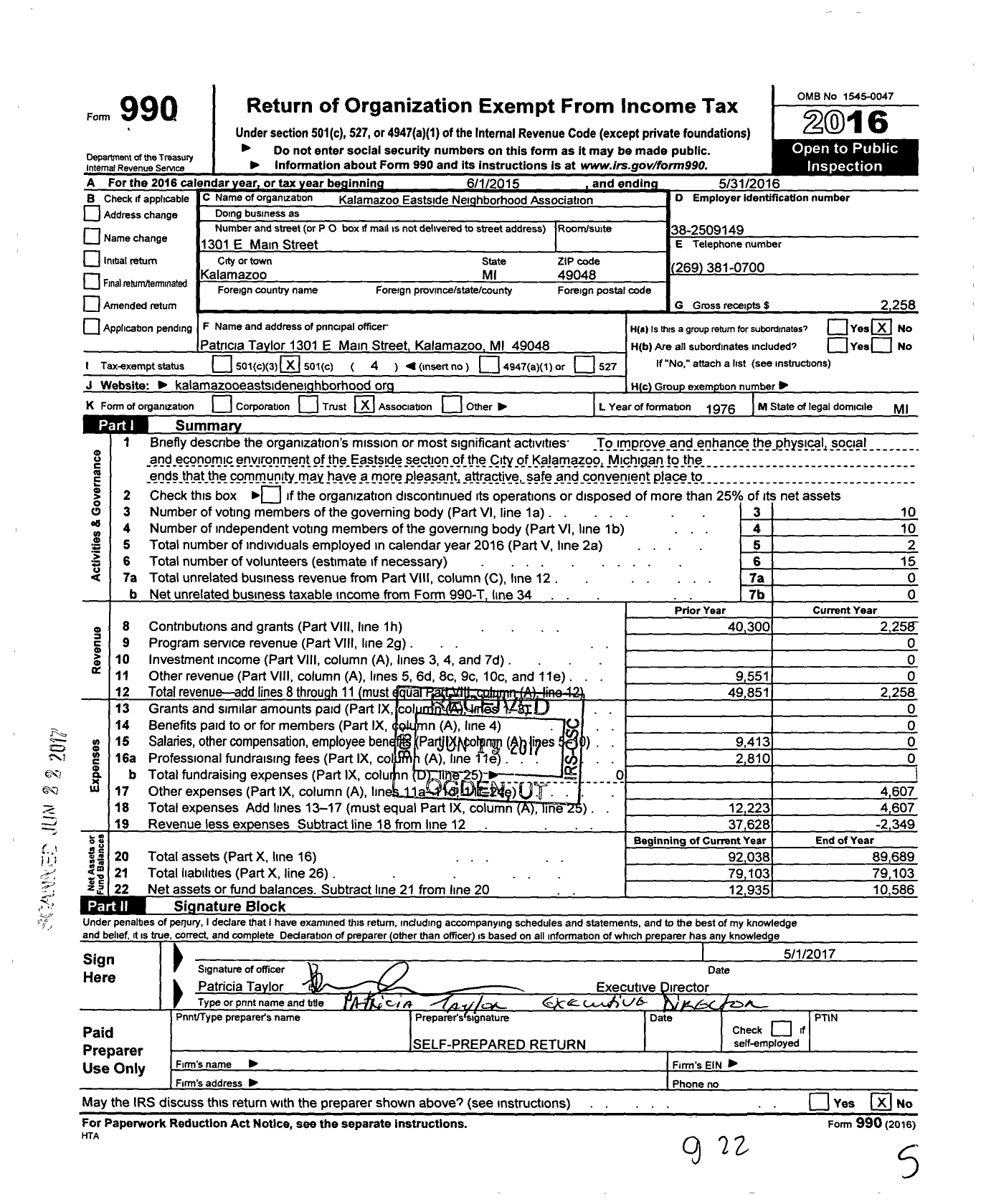 Image of first page of 2015 Form 990O for Kalamazoo Eastside Neighborhood Association