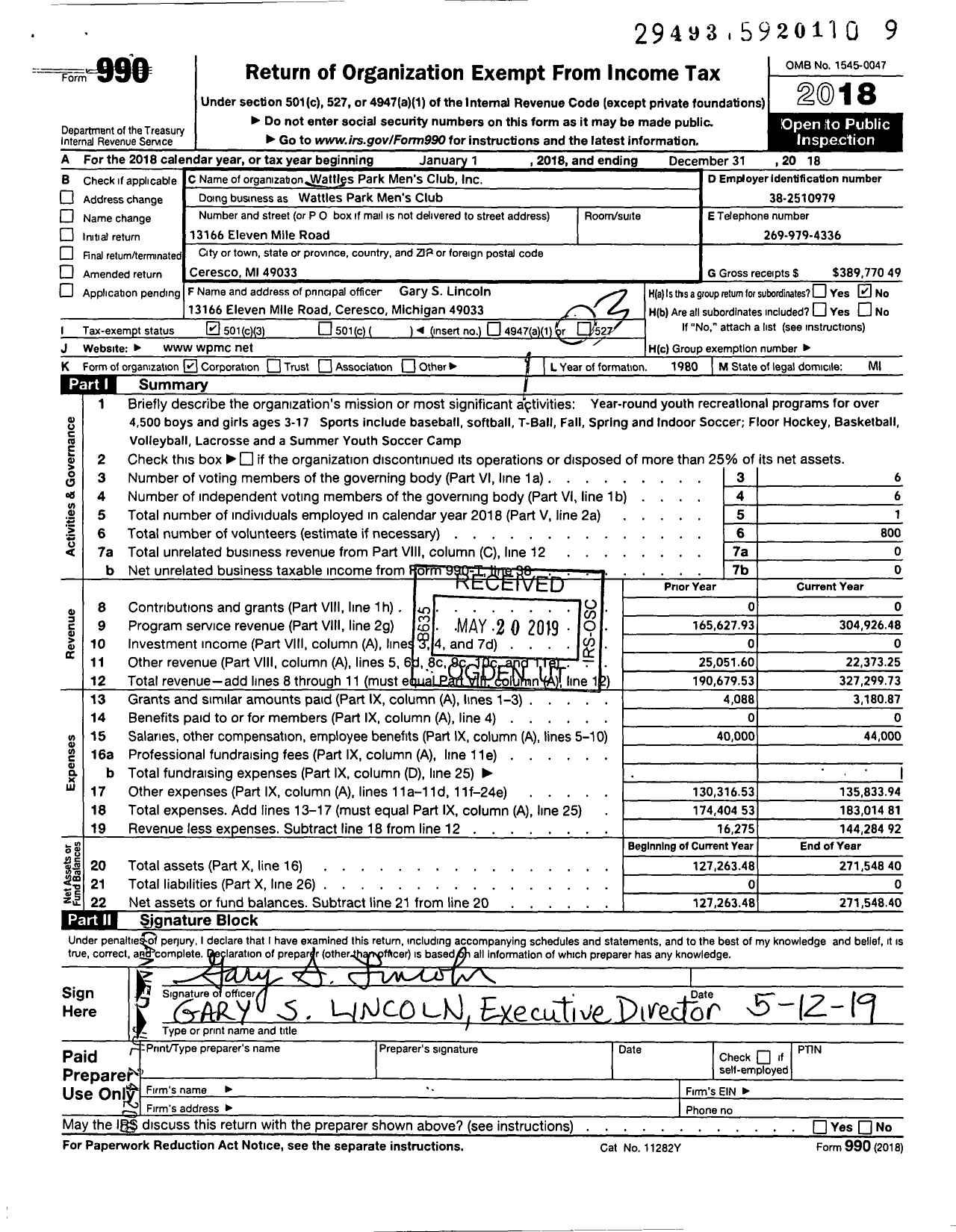 Image of first page of 2018 Form 990 for Wattles Park Mens Club