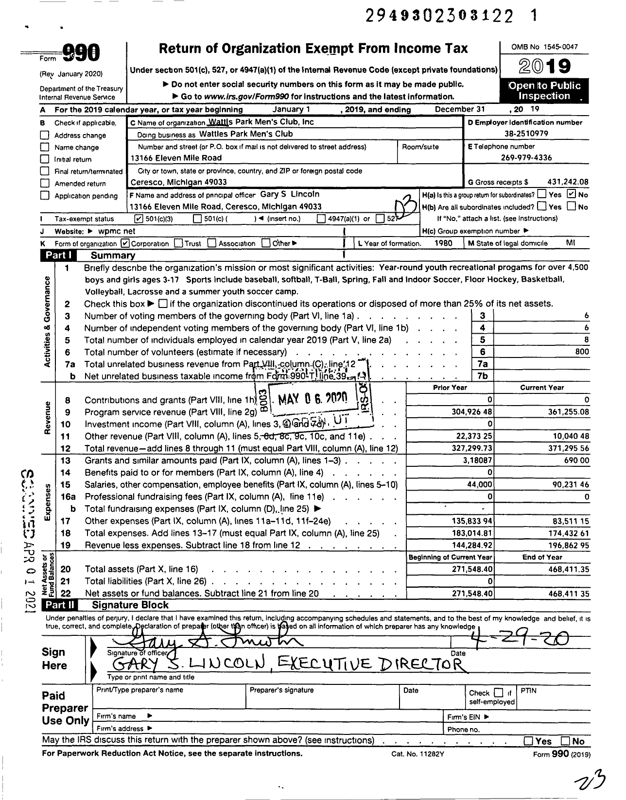 Image of first page of 2019 Form 990 for Wattles Park Mens Club