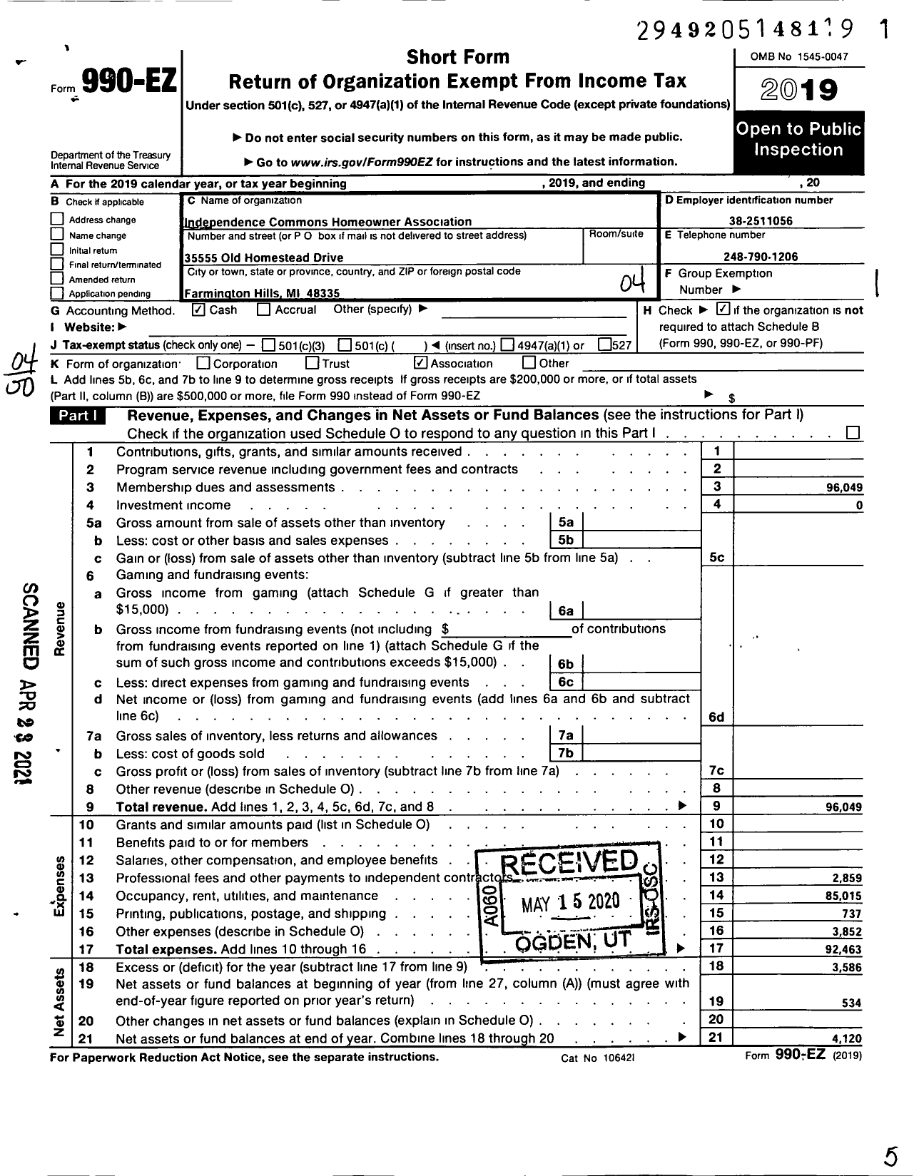 Image of first page of 2019 Form 990EO for Independence Commons Homeowners Assoc