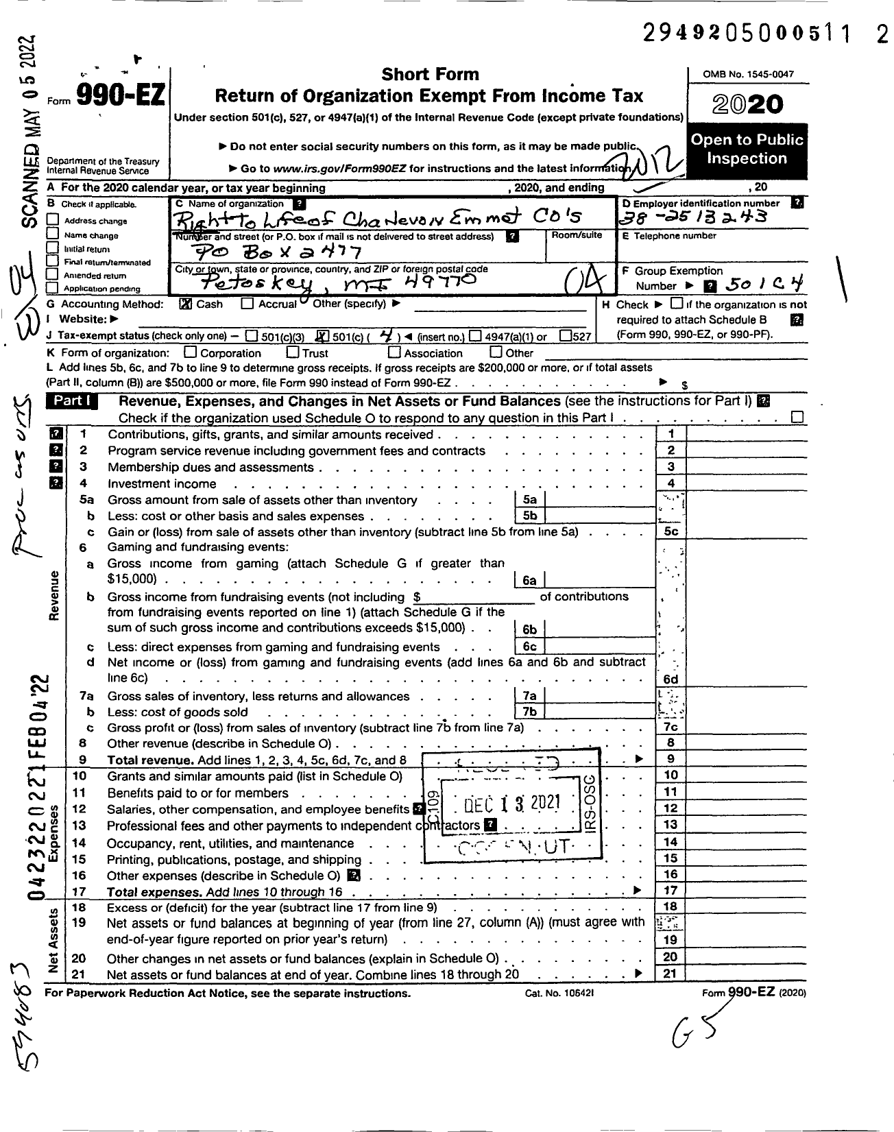 Image of first page of 2020 Form 990EO for Right To Life of Charlevoix and Emmet Counties