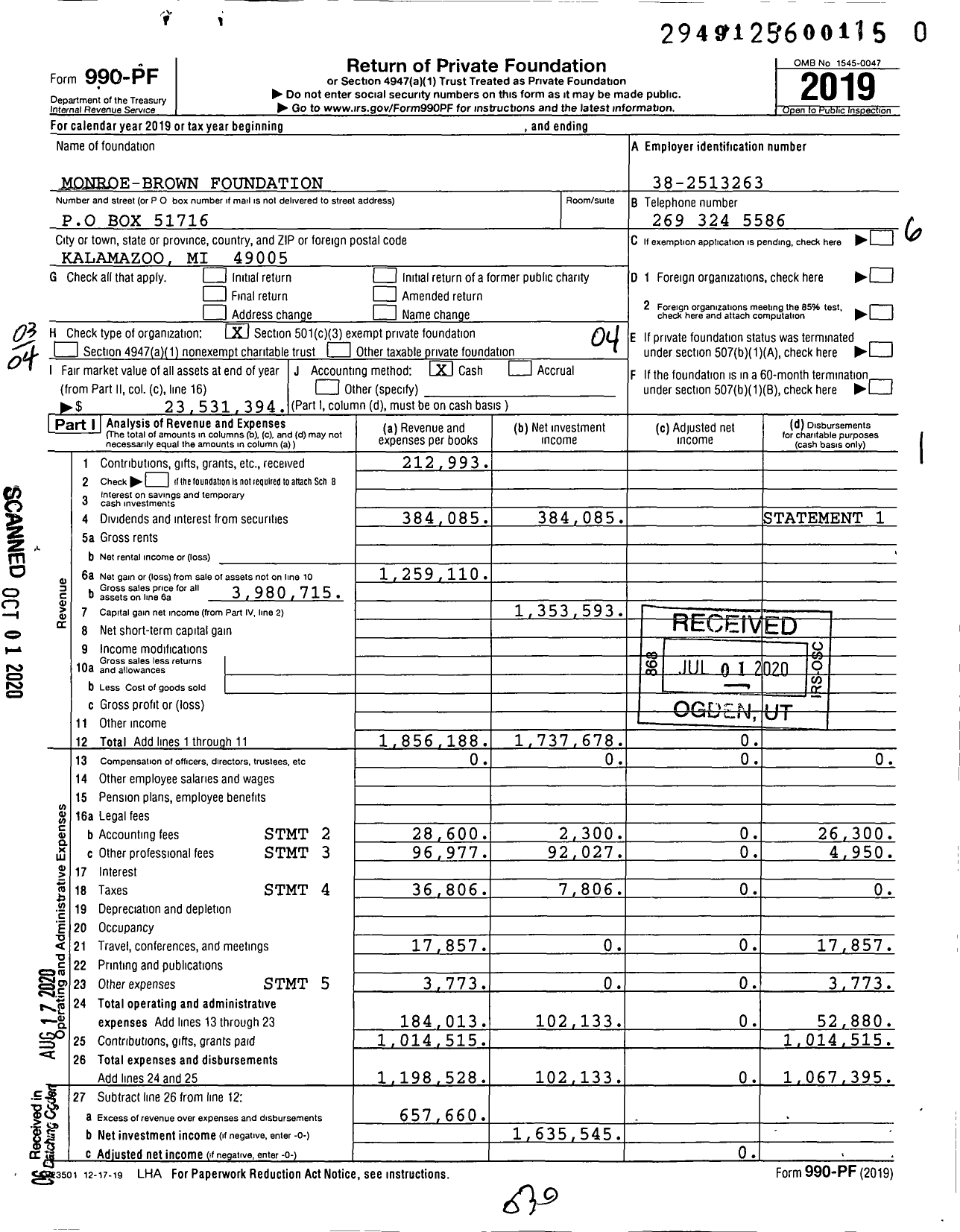 Image of first page of 2019 Form 990PR for Monroe-Brown Foundation