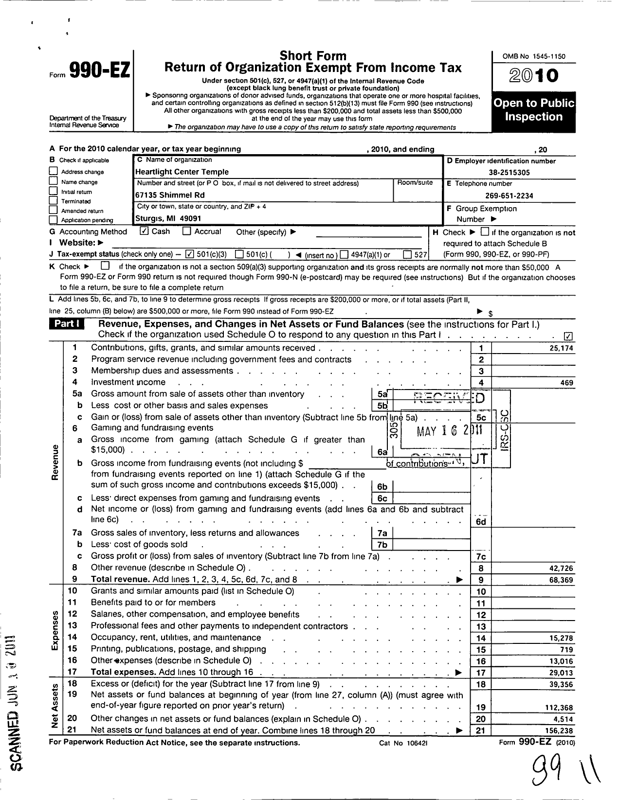 Image of first page of 2010 Form 990EZ for Heartlight Center Temple