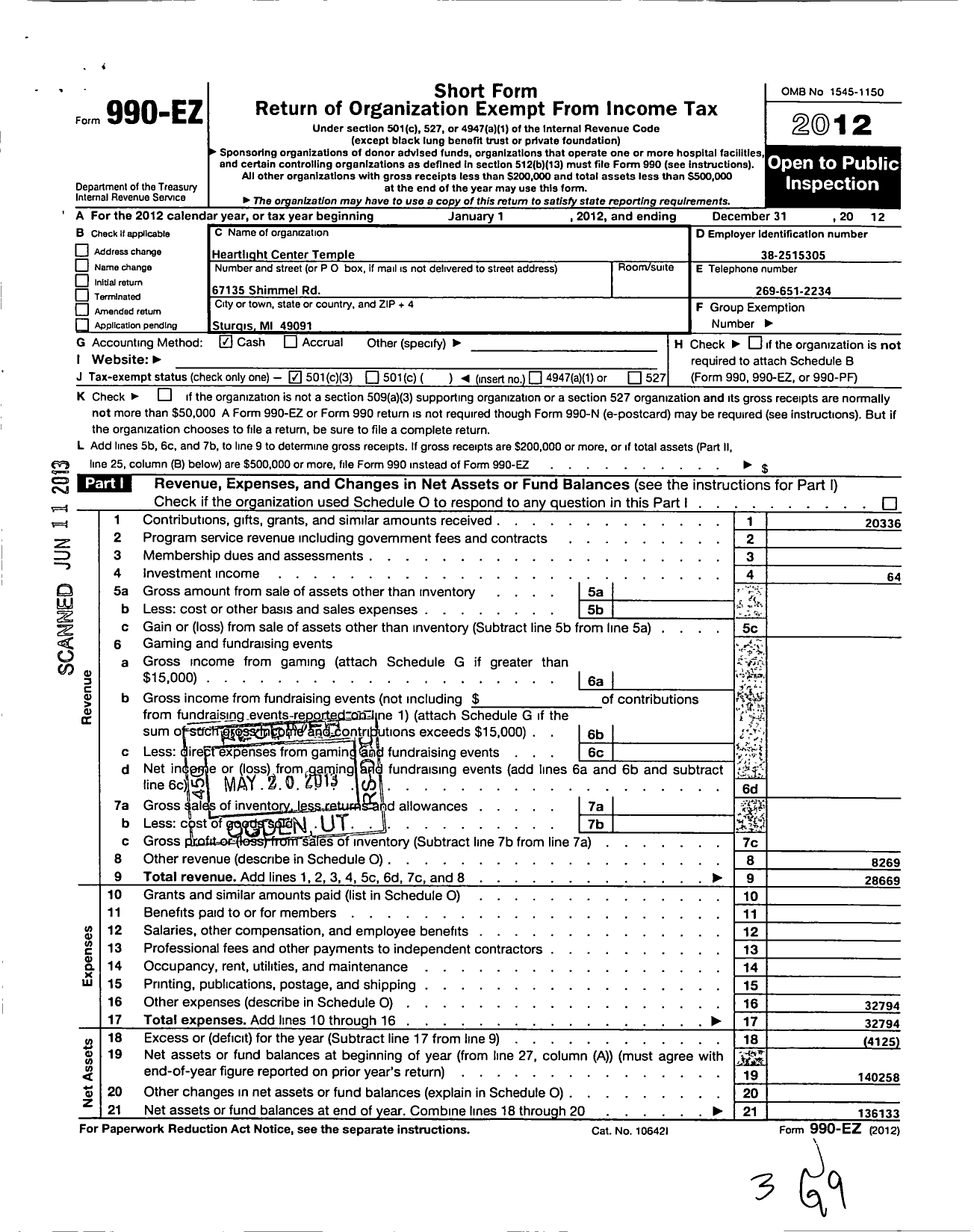 Image of first page of 2012 Form 990EZ for Heartlight Center Temple