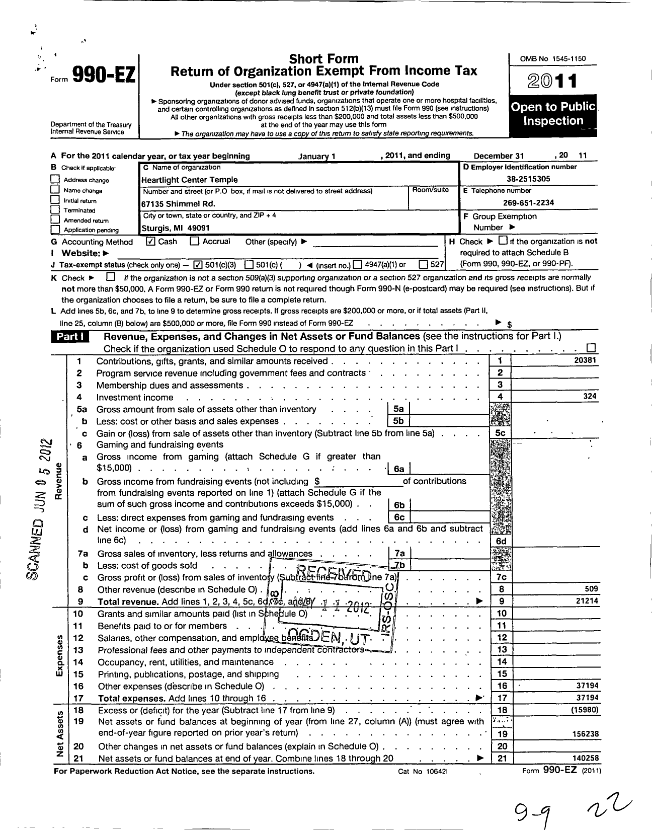 Image of first page of 2011 Form 990EZ for Heartlight Center Temple