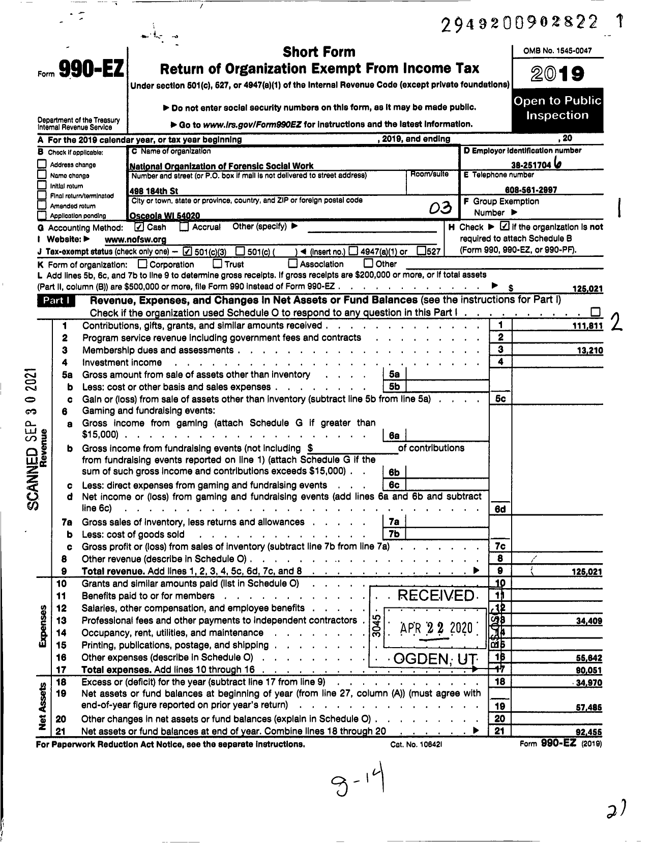 Image of first page of 2019 Form 990EZ for The National Organization of Forensic Social Work