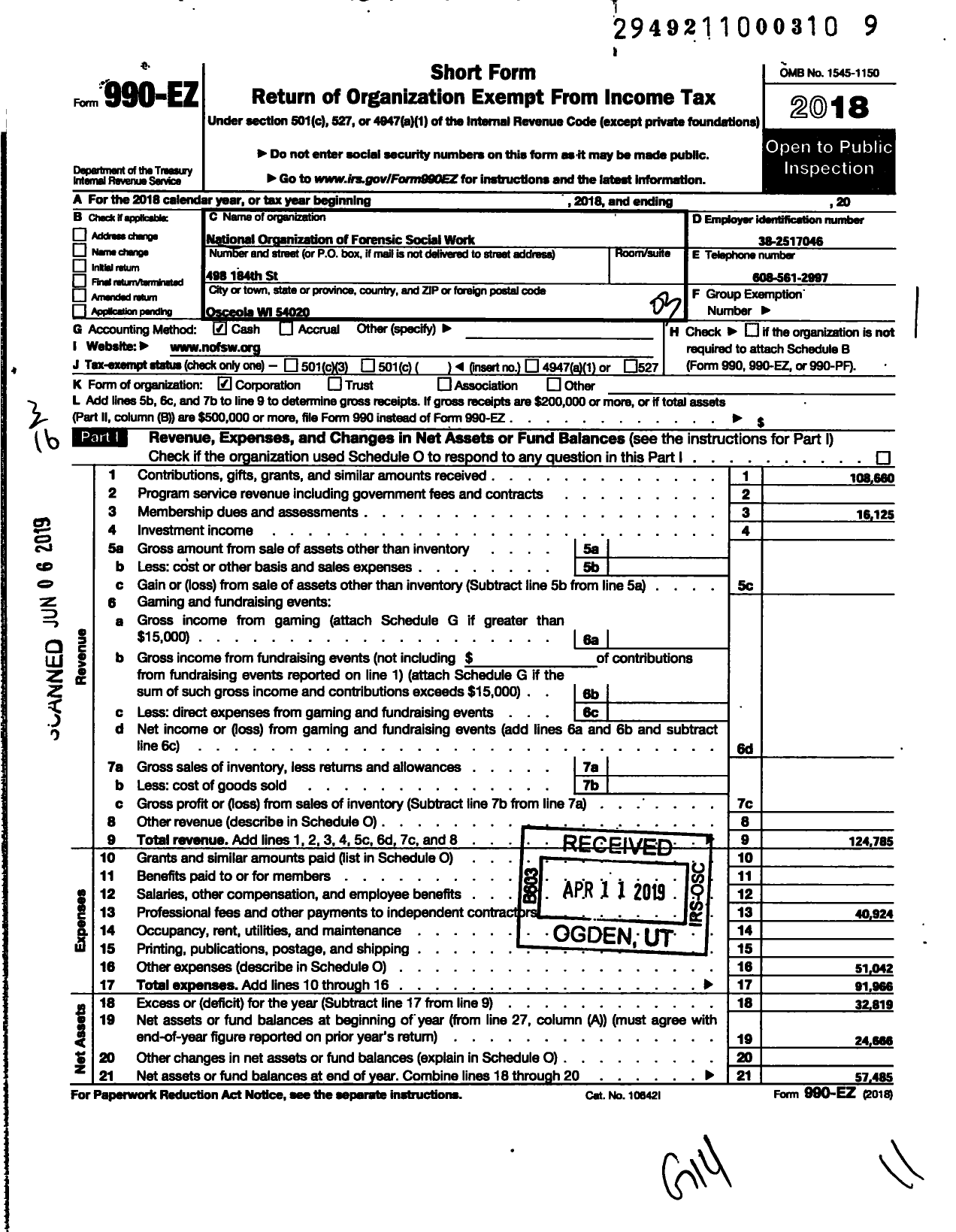 Image of first page of 2018 Form 990EZ for The National Organization of Forensic Social Work