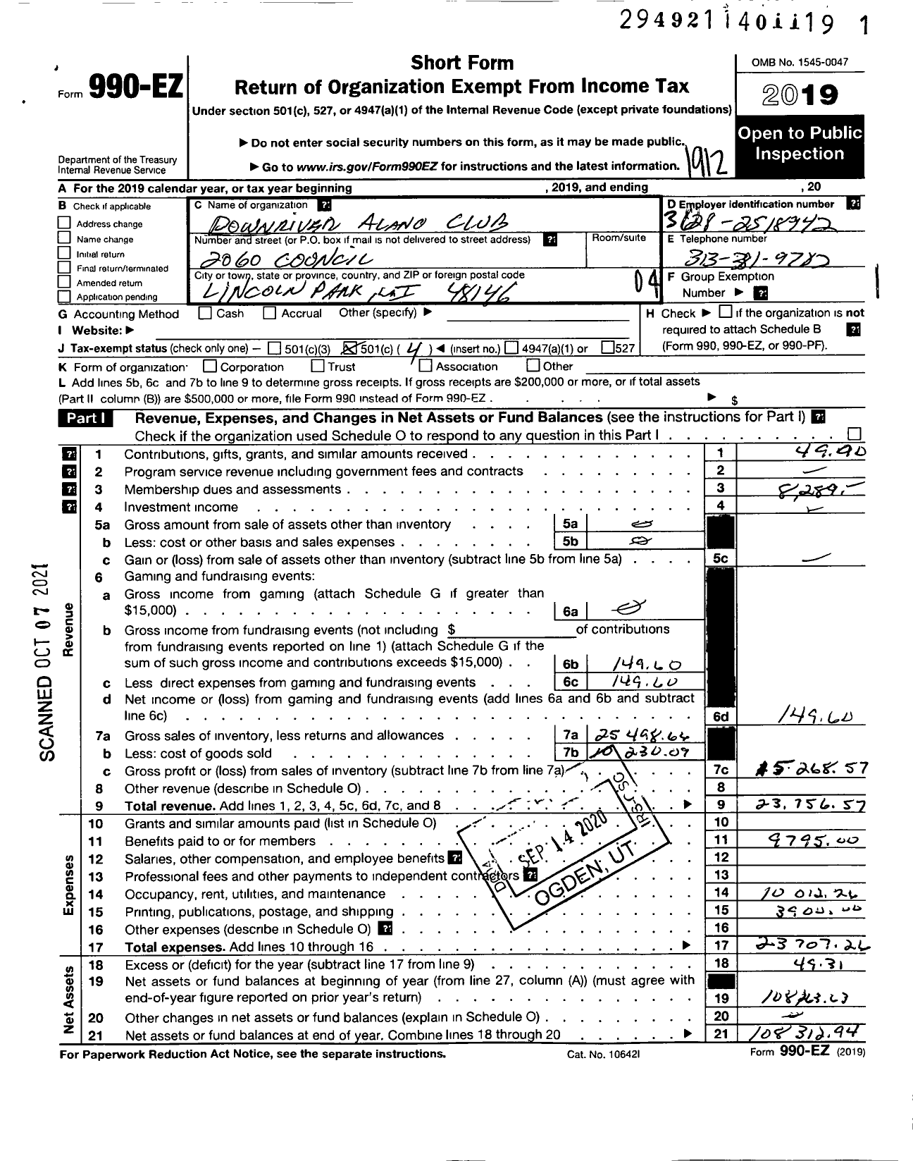 Image of first page of 2019 Form 990EO for Downriver Alano Club