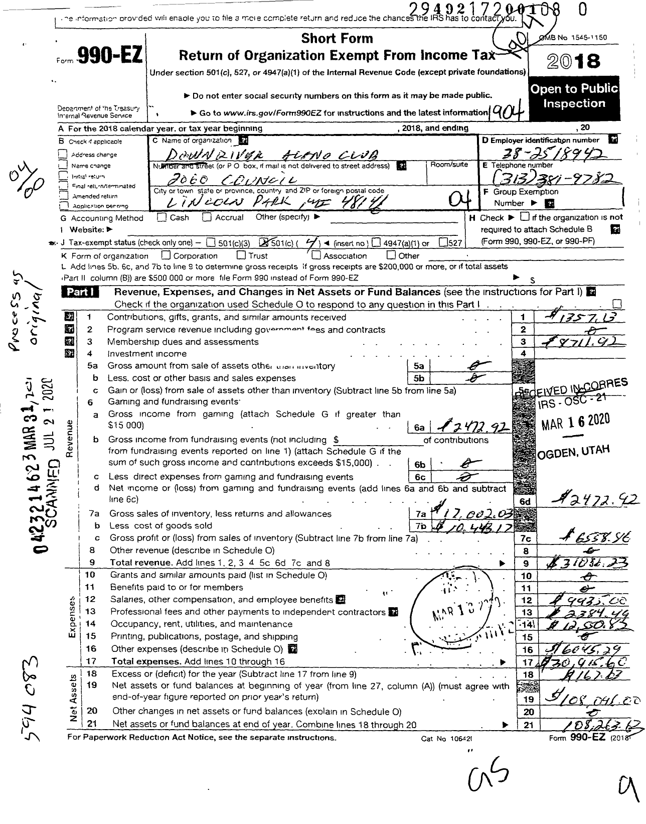 Image of first page of 2018 Form 990EO for Downriver Alano Club