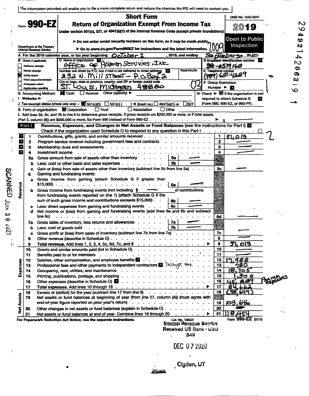 Image of first page of 2019 Form 990EZ for Office of Human Services