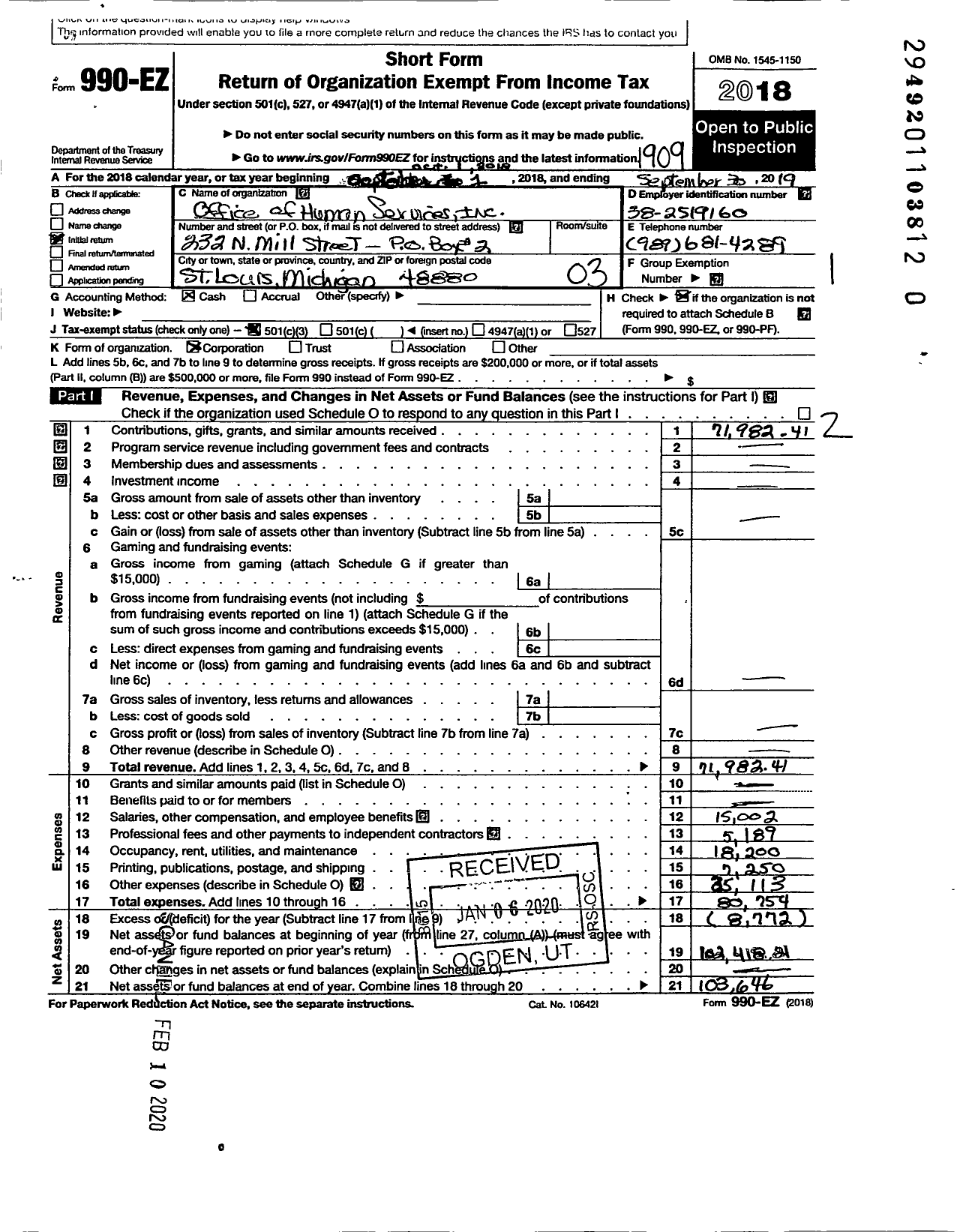 Image of first page of 2018 Form 990EZ for Office of Human Services