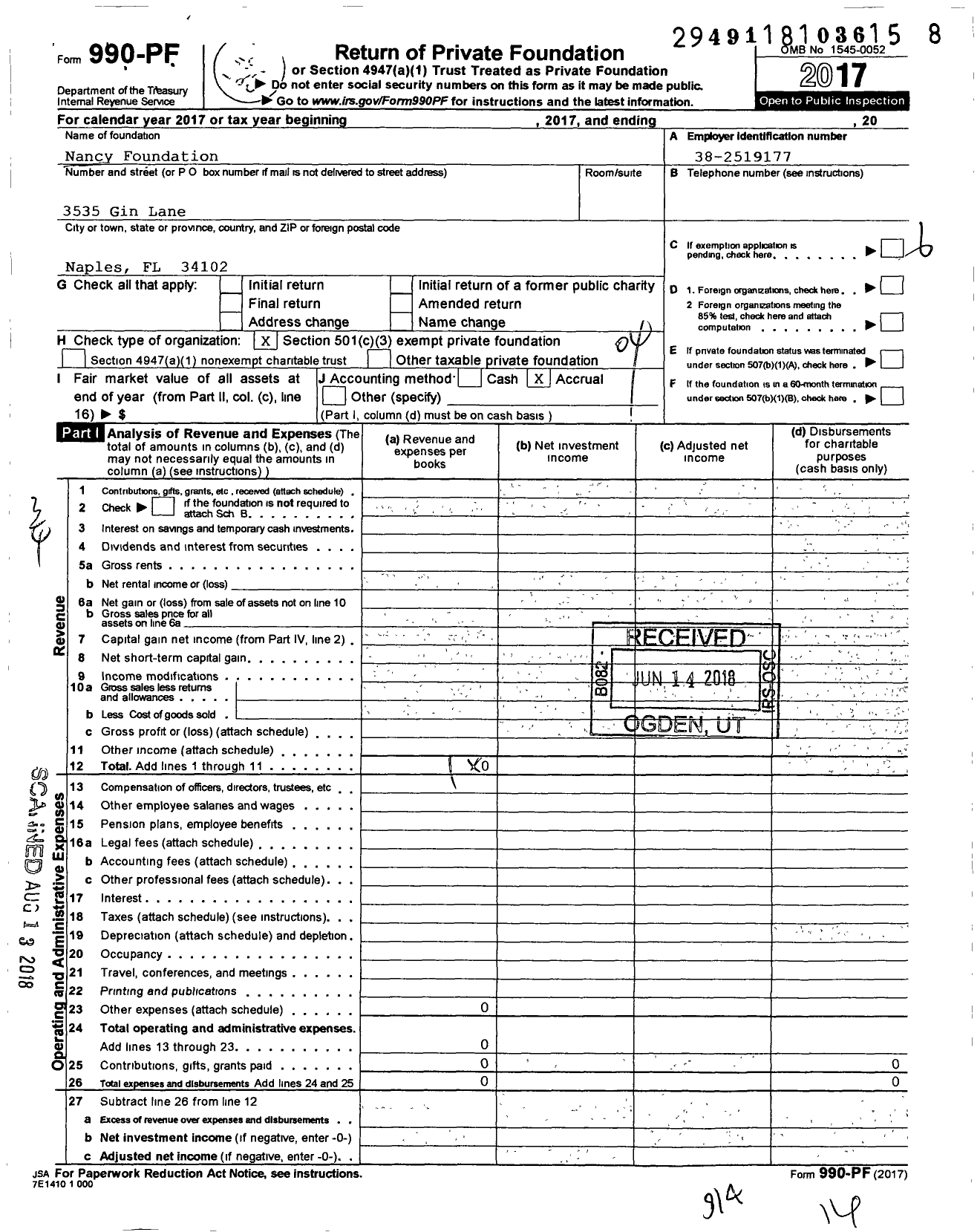 Image of first page of 2017 Form 990PF for Nancy Foundation