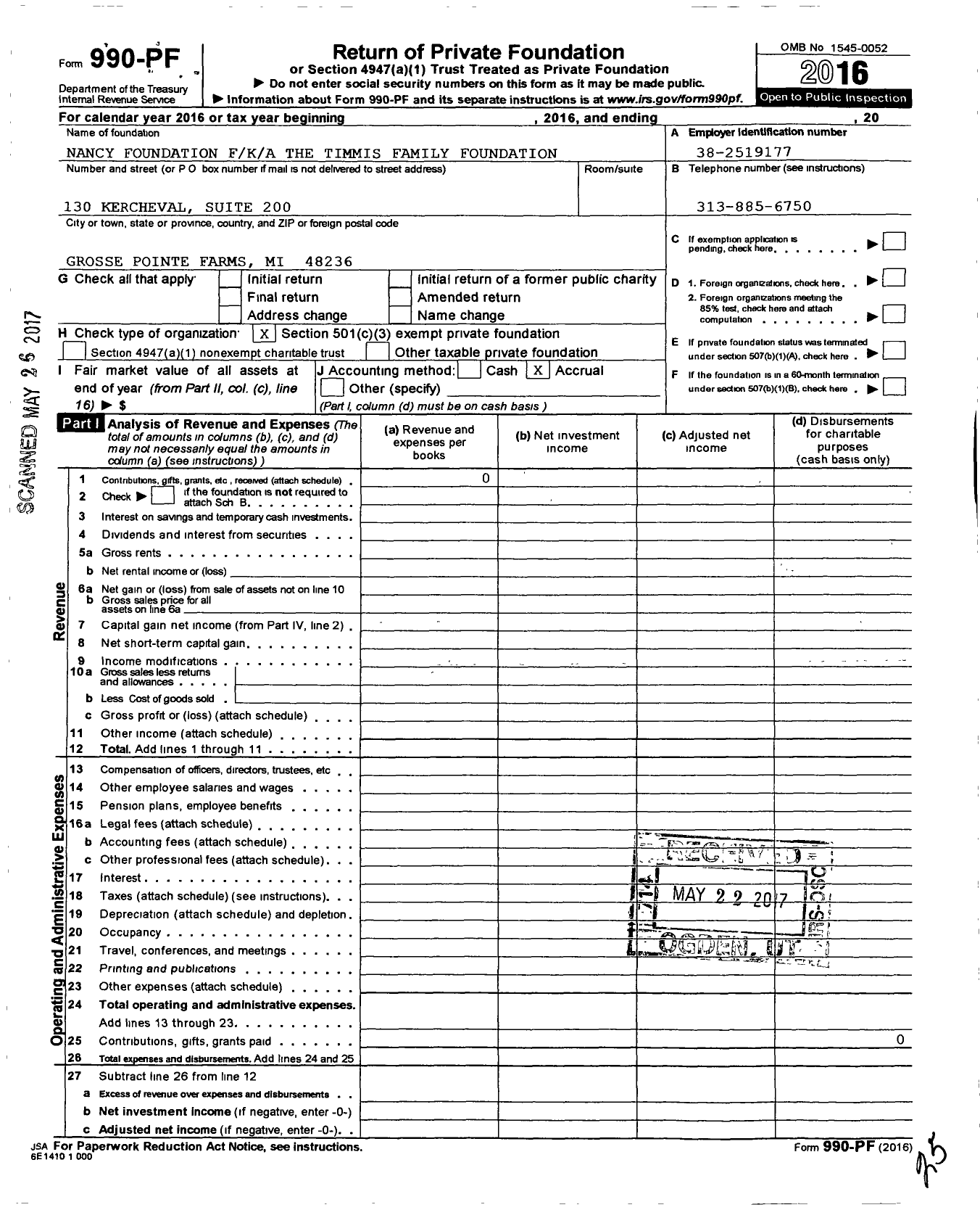 Image of first page of 2016 Form 990PF for Nancy Foundation