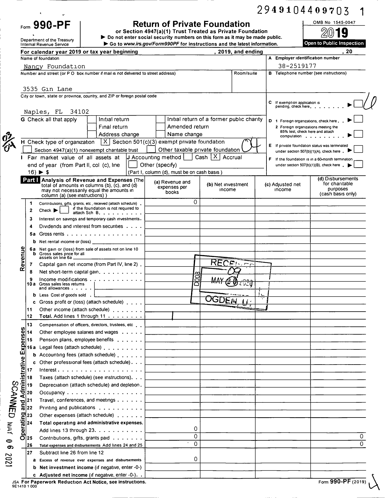 Image of first page of 2019 Form 990PF for Nancy Foundation