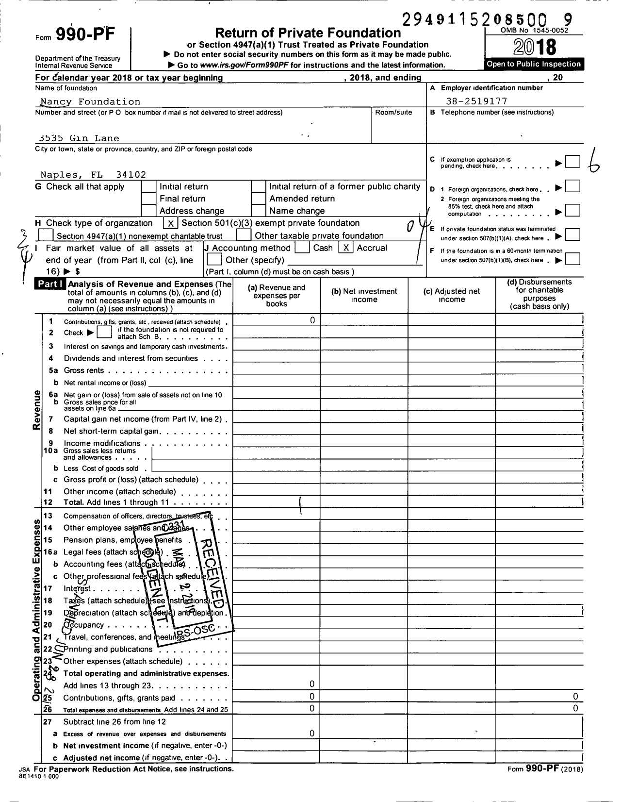 Image of first page of 2018 Form 990PF for Nancy Foundation