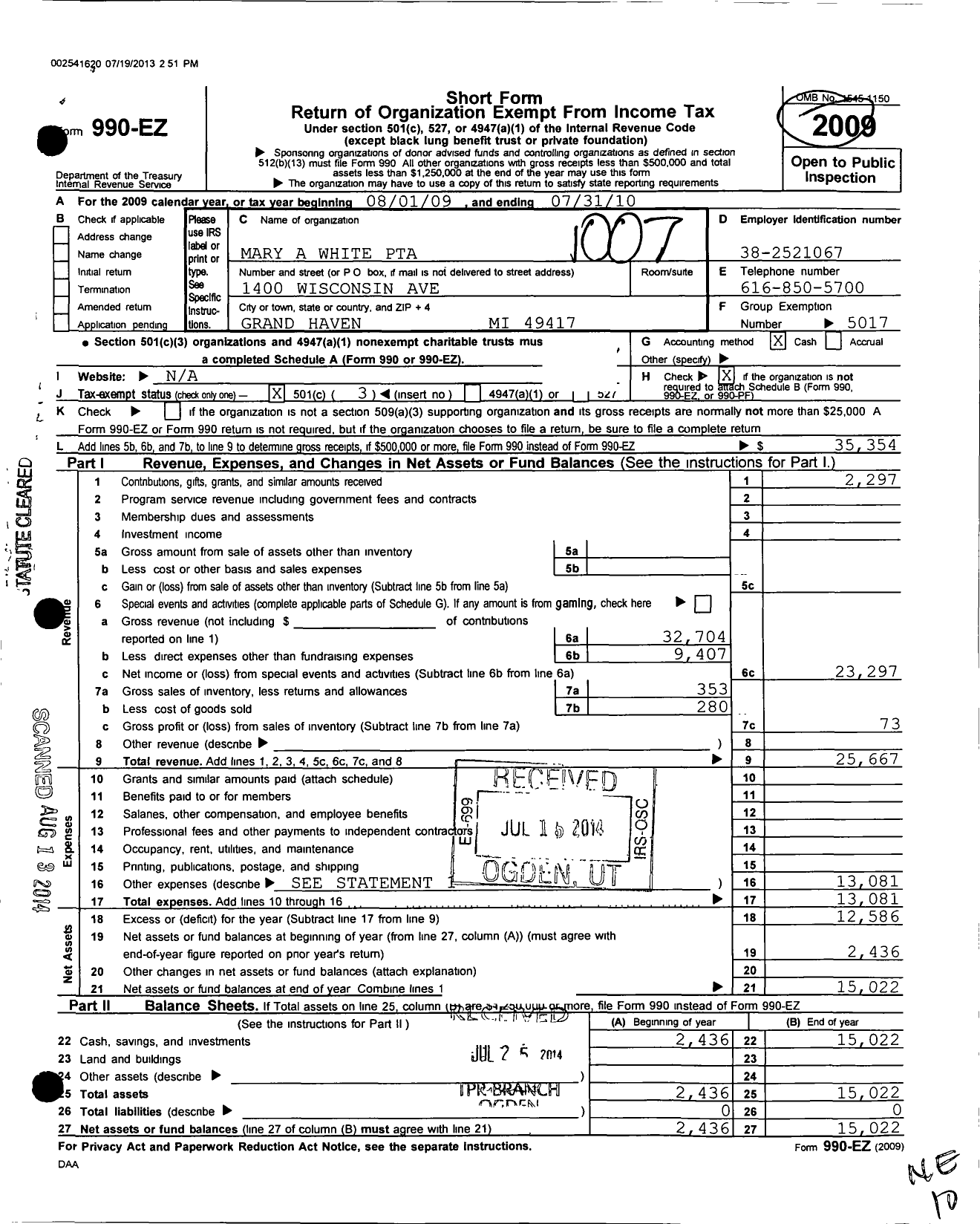Image of first page of 2009 Form 990EZ for Ptsa Michigan Congress of Parents Teachers and Students / Mary A White School PTA