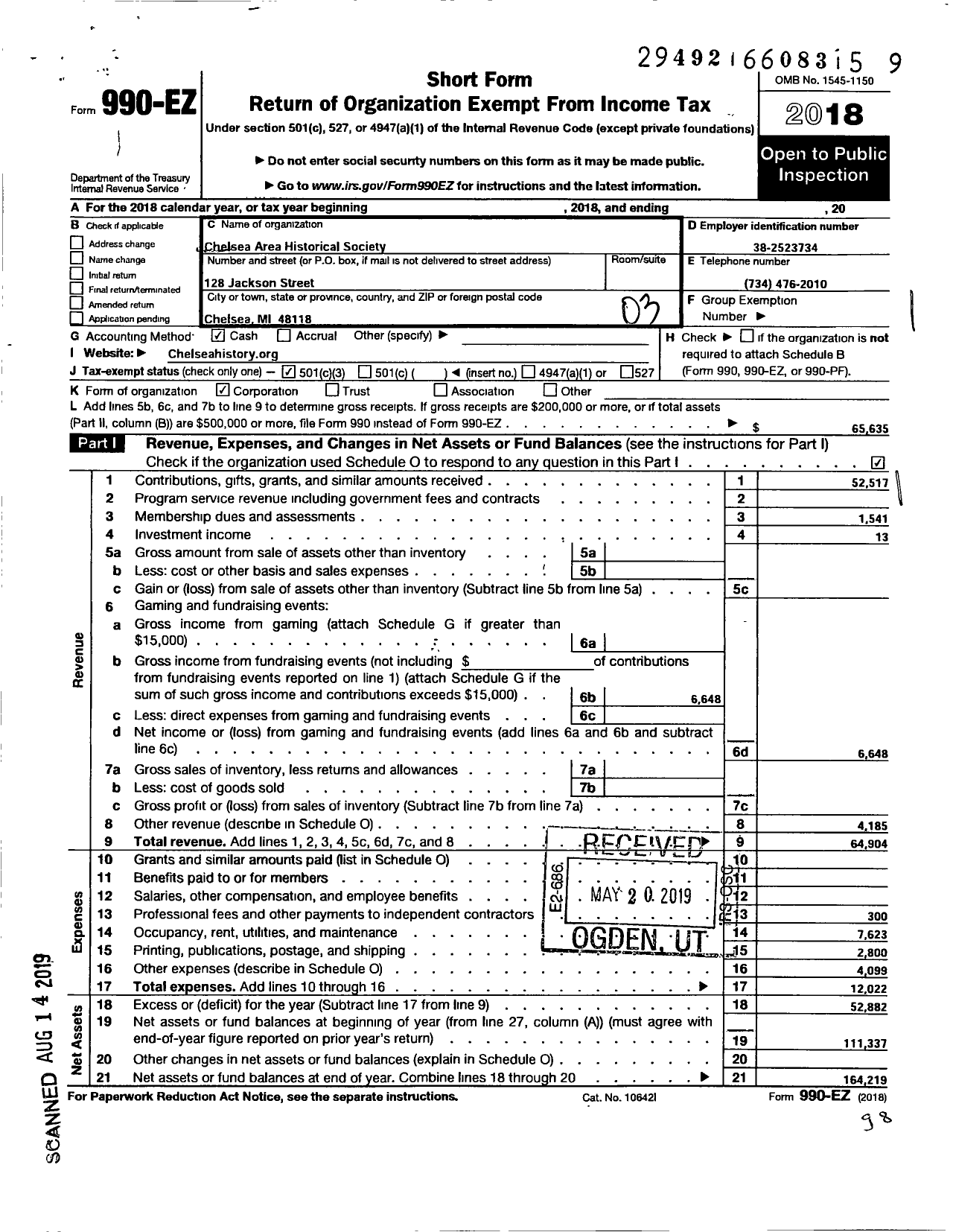 Image of first page of 2018 Form 990EZ for Chelsea Area Historical Society